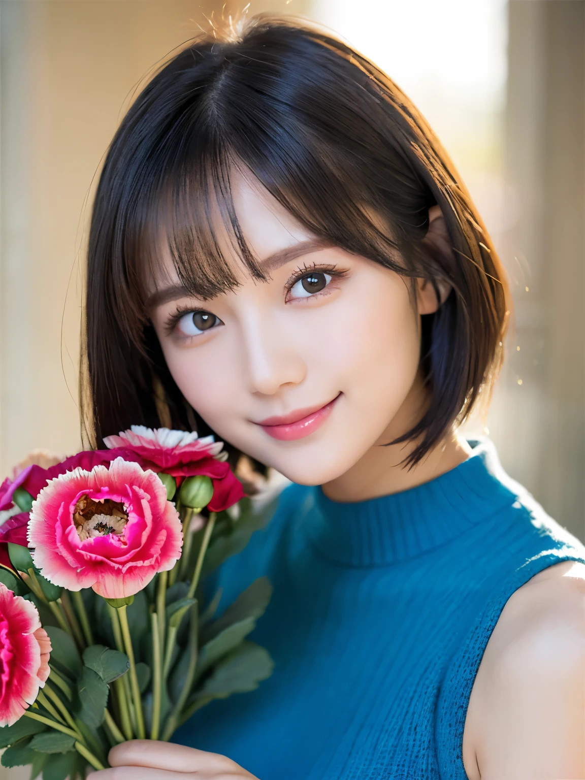 Medium Shot、((Upper Body))、(highest quality:1.5)、(Realistic:1.5)、(1 person:1.5)、(Very detailed)、(High resolution)、8k、((Wear a sleeveless sweater))、Slightly small breasts、Natural color lips、Cute Smile、20-year-old girl、(Beautiful and elaborate face)、(Perfect and beautiful face)、(Big eyes)、(Beautiful and elaborate face)、(Beautiful, balanced eyes)、Perfect and beautiful double eyelids、Perfect and beautiful face、Arched eyebrows、 Thin eyebrows、Feminine poses、Slim face、Slim figure、Beautiful and thin nose、 Beautiful Skin、(Medium Bob Hair)、Natural Bangs、Fair skin、Front lighting、(Lighting the face)、Deep blue eyes、Slim waistline、(Holding a bouquet of carnations)、