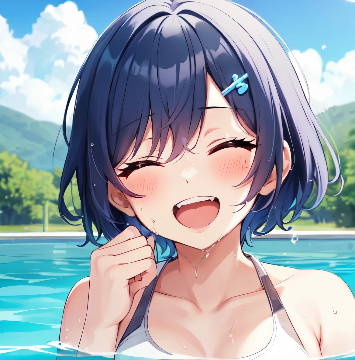 1girl, blue hair, shorthair, wet hair, hair ornaments ,eyes closed, summer, white bikini, sports bra, laughing, lake, Portrait ,submerged up to shoulders