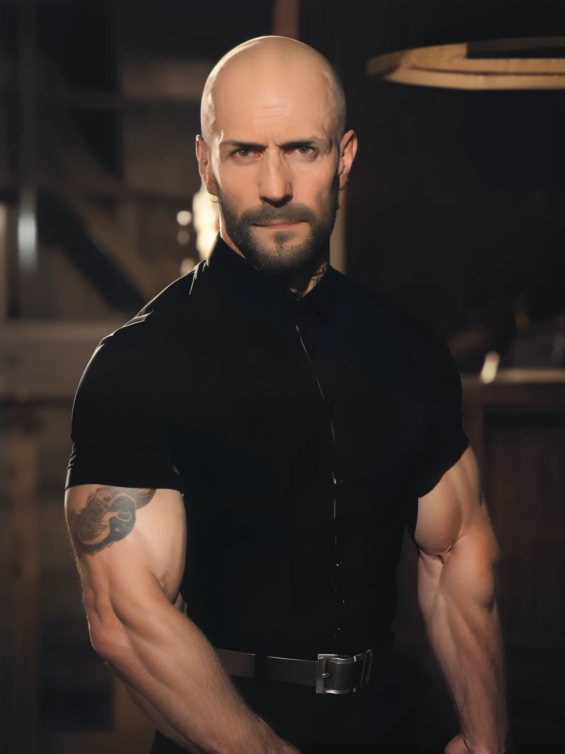 tall bald handsome man with beard, daddy, dark tattoos, lean fit body, black shirt, 30yo, dynamic lighting, lean body, black button up shirt, black belt, silver emblem on shirt, character sheet, half body shot