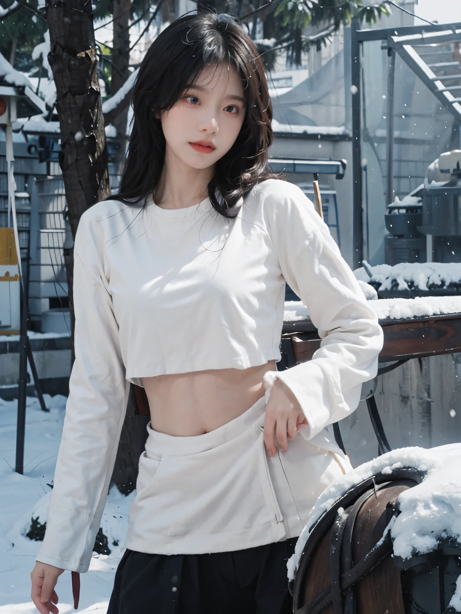 best quality， Ultra-high resolution,16K， Snow White Background，Abdominal muscles，（Realistically：1.4）， girl，JK， A pair of eyes as clear as snow,Imperial sister，Black long straight， Looking at the audience， 