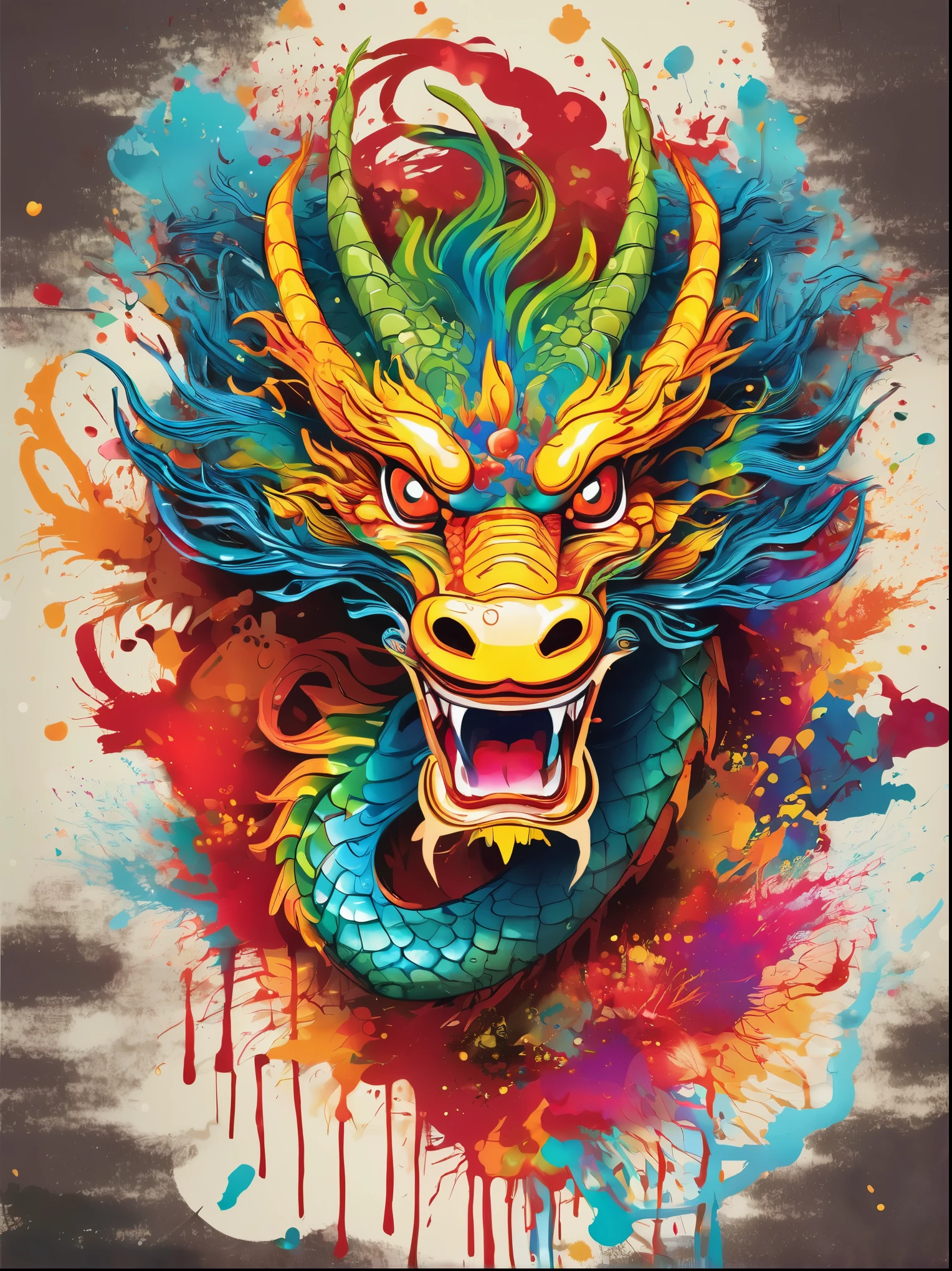 Vector Art, With colorful illustration of Chinese dragon, In the center, Vibrant colors, Paint splatters and stains, High Detail,Hawaii Background
