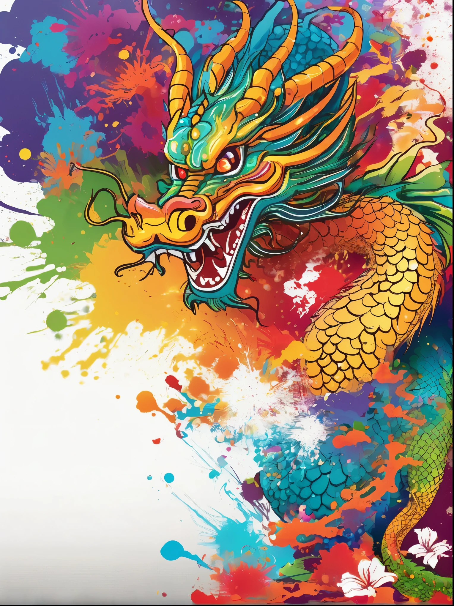 Vector Art, With colorful illustration of Chinese dragon, In the center, Vibrant colors, Paint splatters and stains, High Detail,Hawaii Background
