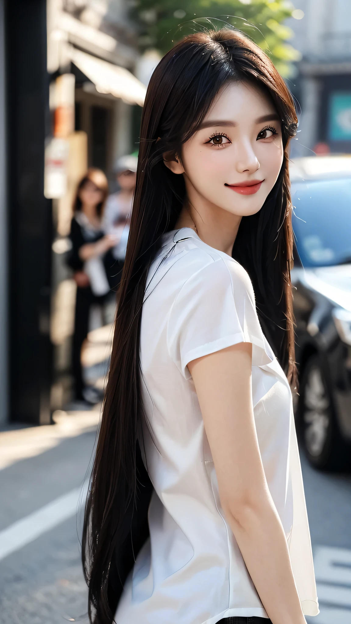 ​masterpiece、top-quality)、1 beutiful girl、Slim body、((Black and white plain clothes:1.1))、((Wearing black sunglasses )), (Detailed beautiful eyes), ((Detailed skin)) , ((Detailed beautiful hair)), Walk around the store、((Boyish Brown Medium Hair))、((Smaller face))、((Neutral face))、((Face seen from the side))、((Light brown eyes))、((Korean Girl))、((18year old))、((cool lady))、((A shy smile on his face))、((Korean Makeup))、((elongated and sharp eyes))、((Happy dating))、((boyish))、((Shot from the same height as your face)、), ((CG rendering)), ((Blurred background)), ((deep shadow)),  ((16K)),  ((Very detailed)), ((wallpaper)), ((depth of field)), ((movie light)), (( Ray tracing)).
