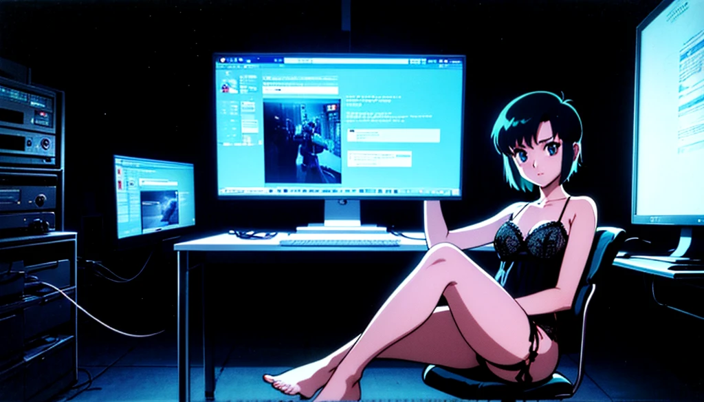 (perfect composition), (high resolution, masterpiece, ultra best quality, insanely amazing hyper fine extremely detailed, official:1.4)( full body, 80's horny milf hacker anime girl in lingerie sitting at a desk with a vintage computer, seductive hacker anime girl in lingerie, retro cyberpunk anime, 80's cyberpunk anime girl in lingerie, digital cyberpunk anime!!, best anime 4k konachan wallpaper, (anime girl with green teal short hair), 90's anime style in 4 k, mega man legend art ,black latex lingerie, black lace lingerie, 80's, multiple old computer , serial experiments lain room,  high degree electronic laboratory, lots of old computer hardware, surrounded by old computer screen, a lots of cable wires, octane rendering, colorful contrast, unadorned, dark computer room, night, betterHands 