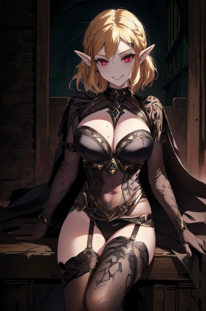 (perfect composition),(zelda totk reimagined as a corrupted dark queen by ganon )+++, sfw++,masterpiece, best quality, high quality, illustration, film grain,(perfect female )++, beautiful detailed eyes, (symbol of evil:1.2),milf zelda, lascivious woman, (evil smile:1.1), (villain, dark heroine:1.2), (perfect female proportions:1.1), (seductive eyes:1.2), eyeliner, mascara, sexy makeup, (seductive smile:1.2), (mature woman:1.4),masterpiece, best quality, high quality, illustration, film grain, 1girl, (glowing evil red eyes), evil grin, crazy eyes, (high resolution, masterpiece, ultra best quality, insanely amazing hyper fine extremely detailed, official:1.4) dark heroine anime girl with short hair in a dark and evil place, extremely detailed artgerm, (official:1.4), dynamic composition, (solo girl:1.4), {sfw}, masterpiece, ultra-detailed, iconic attack, dominatrix, spiked collar, dark kingdom, bad end, 1girl, solo female, solo focus, mature female, standing, full body, looking at viewer, dark zelda totk, dark queen, evil, corruption, contrapposto, mind break, blond hair, (short hair:1,5), evil smile, lips, eyelashes, evil grin, dark aura, thigh_clothes, ,alternate costume, bdsm, (intricate details:1.12), (intricate details, hyperdetailed:1.15), hdr, dungeon, (at night:1.2), fireplace, warm light, dramatic light, cinematic,creepy dungeon, dark aesthetic, goth aesthetic, creepy, ominous background, dark atmosphere, death atmosphere, green and red atmosphere, evil dungeon background, gothique, faint darkness, ((red glow crotch tattoo)),