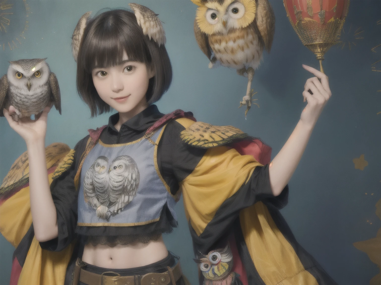 224 Short Hair, 20-year-old woman, A kind smile, (There are also colorful owls), (Rembrandt-style painting), ((machinery suit,Clothes with short sleeves)),I can see your abs