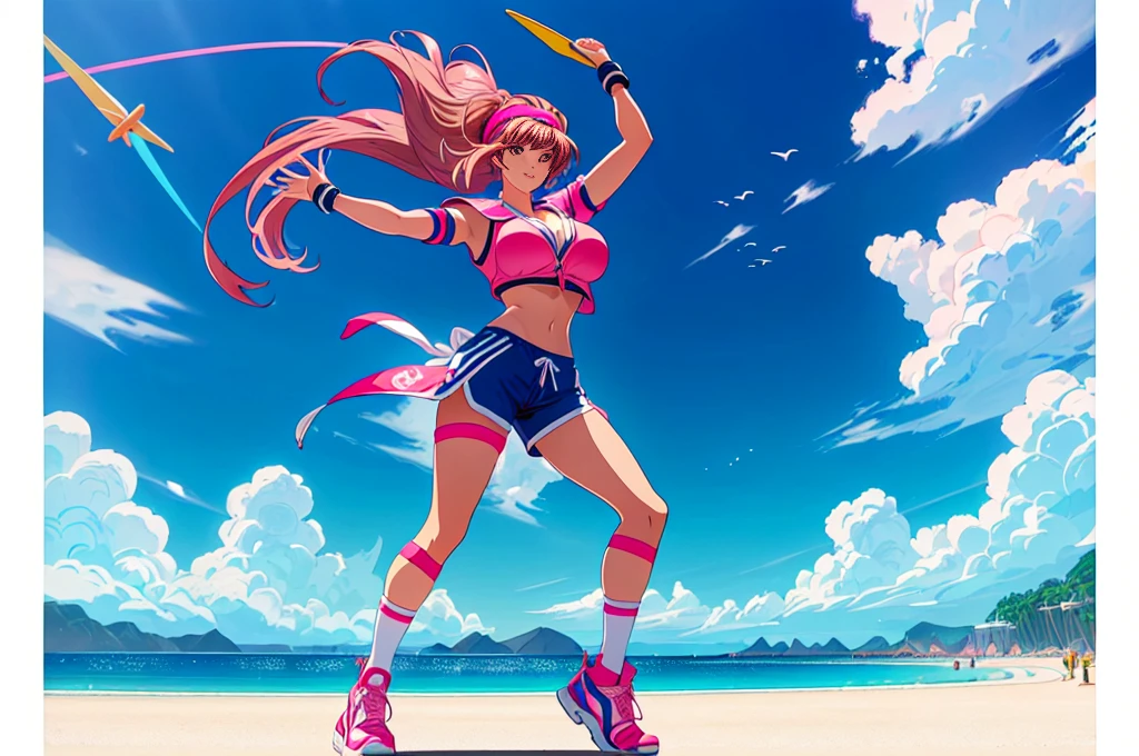 (perfect composition),imagined a girl in extreme sport outfit playing to a flying disc game in a beach arena game sport, masterpiece, ultra-detailed, 80's anime (style), 2D, megapixel, perfectionism, full HD , 4K, (windjammers), windjammers sport game, windjammers 2 (((((solo mature anime woman,)))))++++++++++++++++++, looking at viewer, full body, brown hair and pink hair, short hair, weird hair, smile, lips, eyelashes, medium breasts, gym uniform, uniform, gym shorts, headband, sports bra, elbow pad, knee pad, extreme sports outfit 80's theme, beach background, playing flying disc game on a beach court game, sea, sun in the sky, sports wear