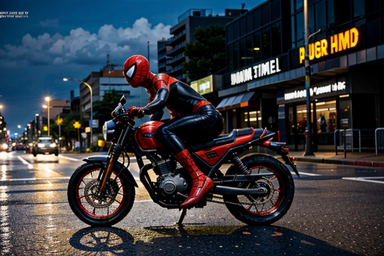 imagen realista do spiderman futurista conduzindo uma moto futurista nas ruas de uma cidade futurista durante a noite