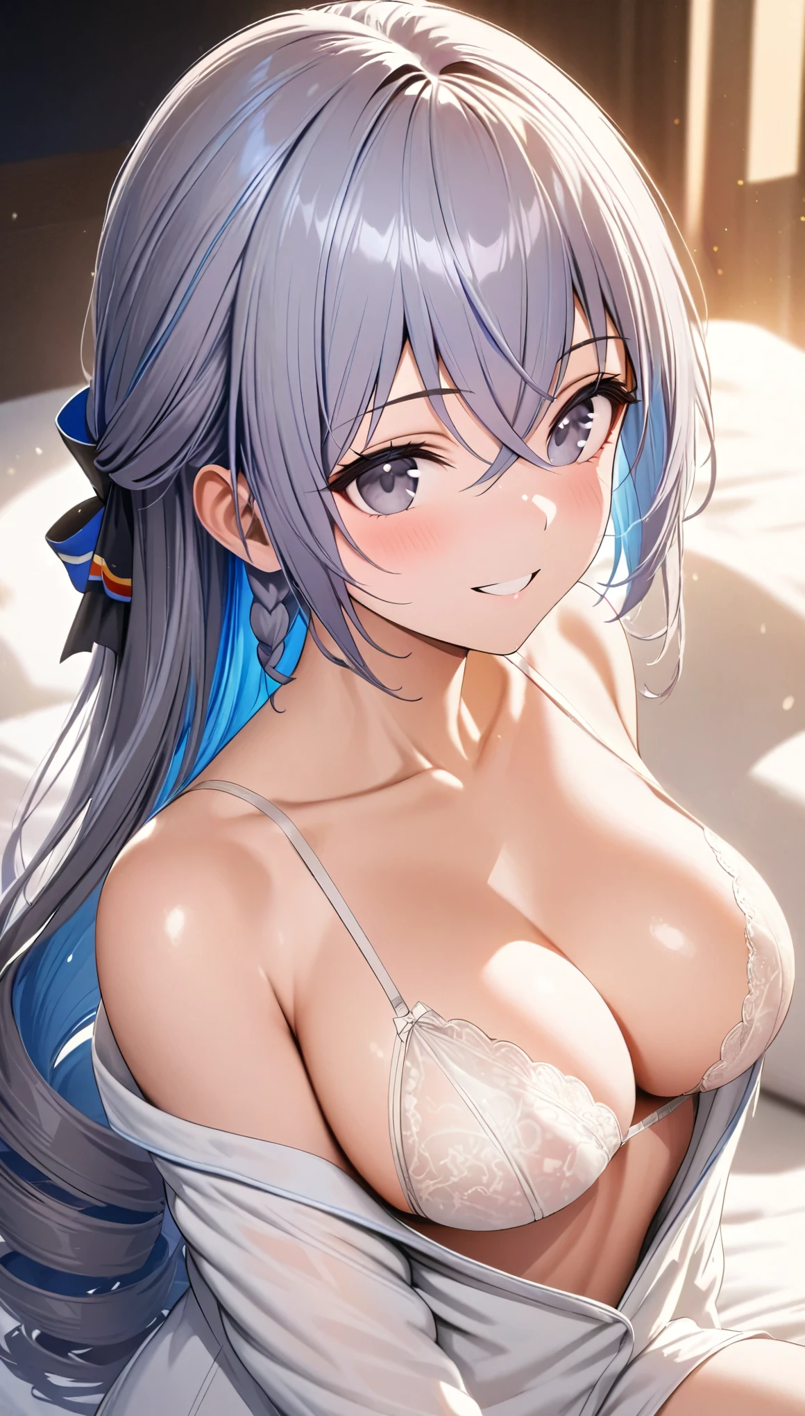 bronya,((blue hair, side braid )), beautiful face,smiling, fit body, moderate breast,sitting on a bed,wearing white pajamas,illustration,detailed textures,ultra-detailed(realistic),portrait style,vivid colors,soft lighting, white silk bras , half body