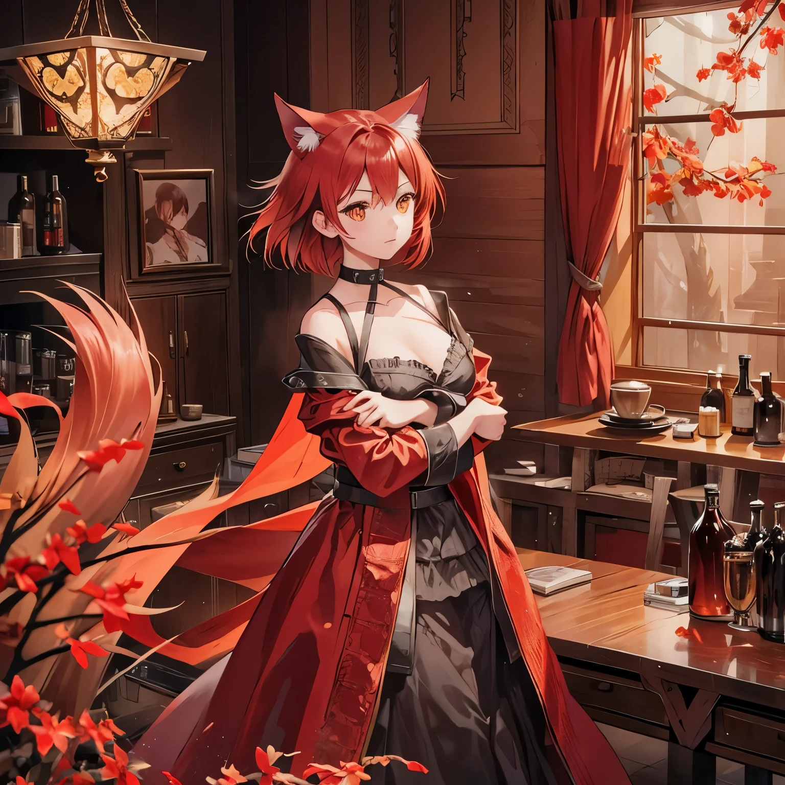 1 girl, kemomimi, red hair, short hair, yellow eyes, red wolf ear in head, with leather cloth, in a dimly lit room, elegant, Embrace your chest with both hands, tea bottle in hand, 4k, masterpiece, best quality, realistic anime
