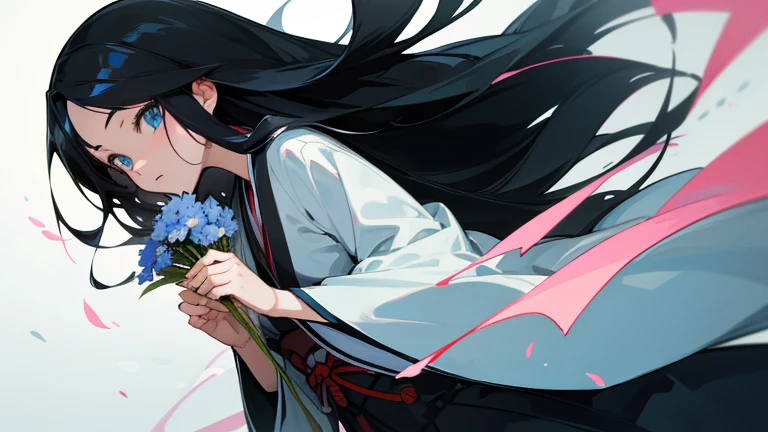 (best quality), detailed image, anime young woman, long black hair, blue eyes, holding flowers, slim face, hands and body, Japanese version