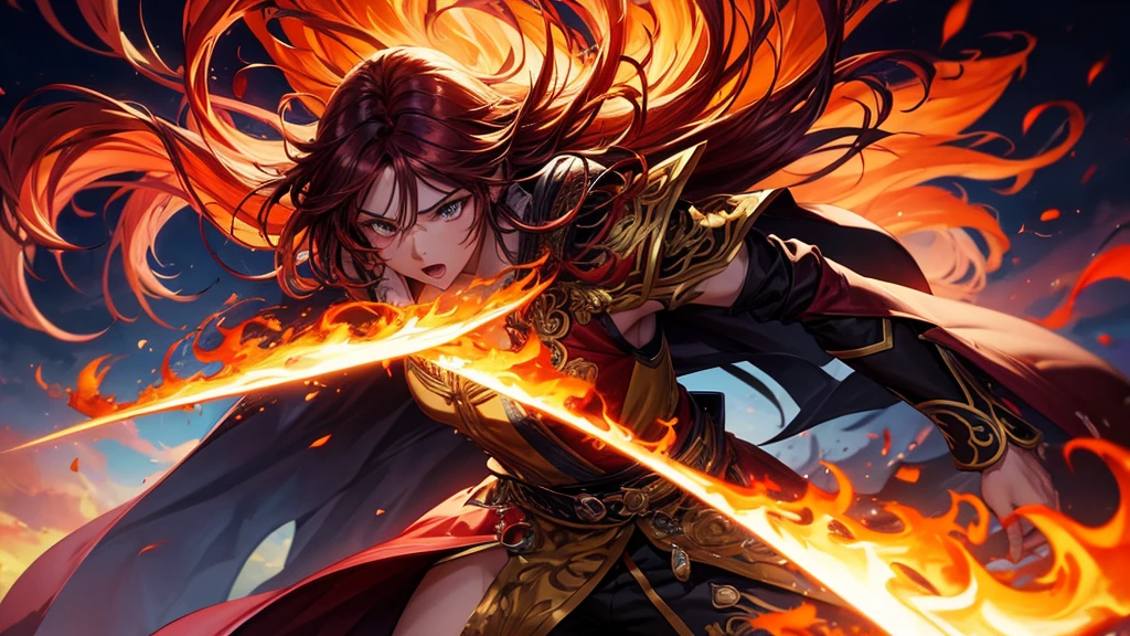 (high quality), solo anime, fire background, vibrant colors, intense lighting, detailed character design, flowing hair, dynamic pose, expressive eyes, elaborate costume, realistic fire effects, dramatic atmosphere, cinematic style, atmospheric perspective