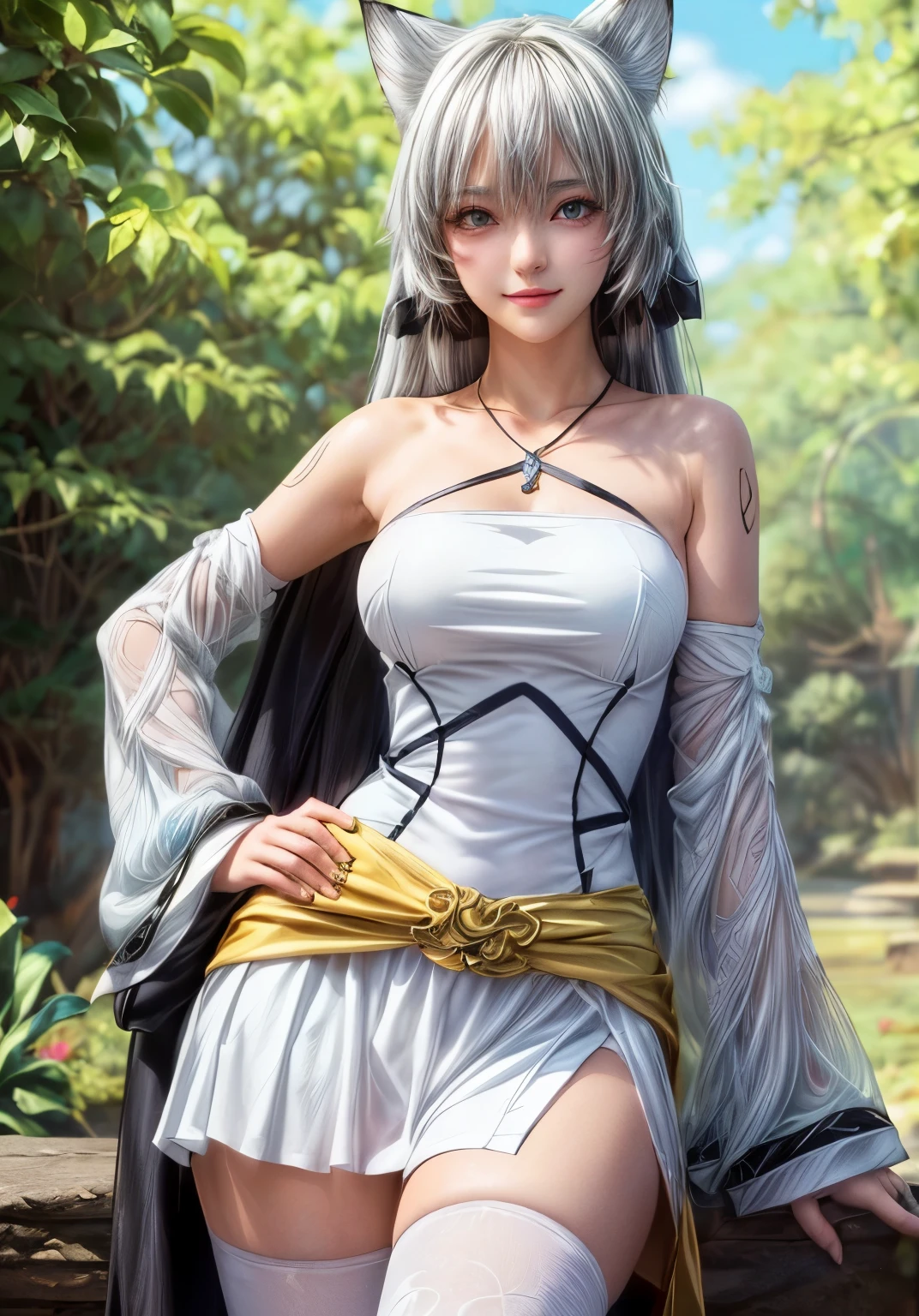 anime girl with white hair and a cat ears in a White Dress, White-haired God, Anime Goddess, portrait Zodiac Knight Girl, Kschaert Krentz Key Art Feminine, artstation pixivでトレンド, Ash, Very detailed fan art, Official Art, Dressed in white, White Dress!! Silver-haired, Zodiac Knight Girl, Detailed Anime Character Art