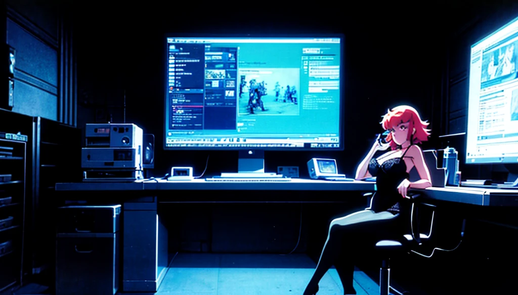 (perfect composition), (high resolution, masterpiece, ultra best quality, insanely amazing hyper fine extremely detailed, official:1.4)( full body, 80's horny milf hacker anime girl in lingerie sitting at a desk with a vintage computer, seductive hacker anime girl in lingerie, retro cyberpunk anime, 80's cyberpunk anime girl in lingerie, digital cyberpunk anime!!, best anime 4k konachan wallpaper, (anime girl with green teal short hair), 90's anime style in 4 k, mega man legend art ,black latex lingerie, black lace lingerie, 80's, multiple old computer , inspired by serial experiments lain room, high degree electronic laboratory, lots of old computer hardware, surrounded by old computer screen, a lots of cable wires, octane rendering, colorful contrast, unadorned, dark computer room, night, betterHands