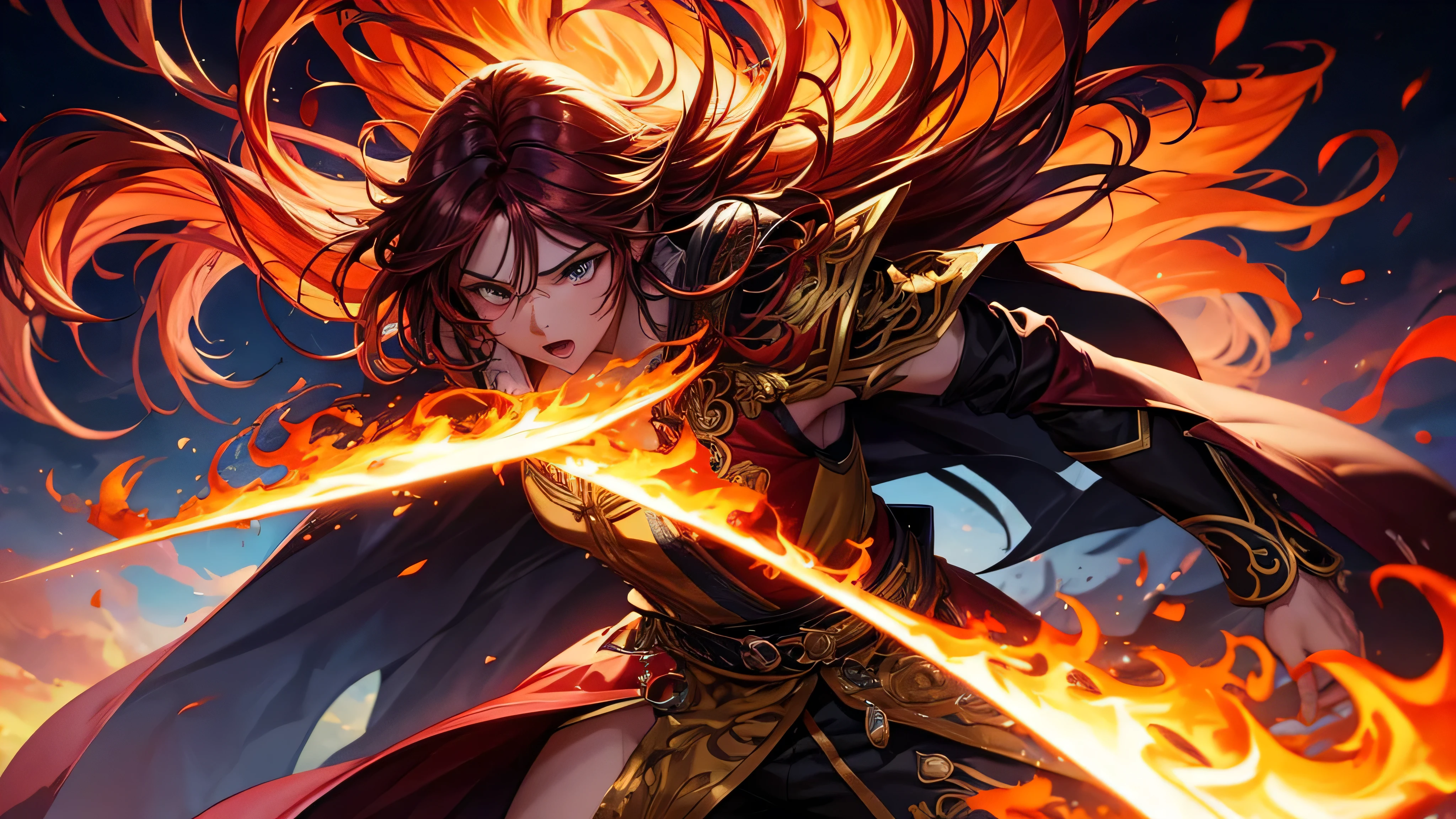 (high quality), solo anime, fire background, vibrant colors, intense lighting, detailed character design, flowing hair, dynamic pose, expressive eyes, elaborate costume, realistic fire effects, dramatic atmosphere, cinematic style, atmospheric perspective