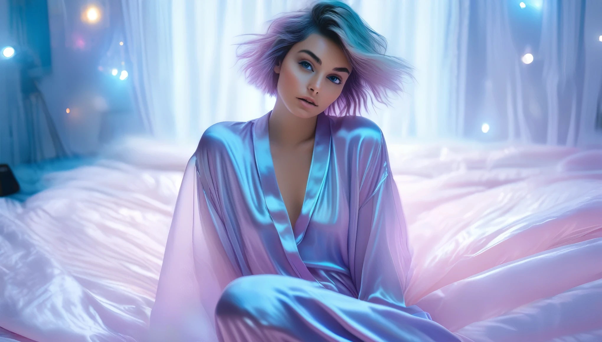 Top Quality, Masterpiece, High Resolution, 8k, (photorealistic:1.4), full body,  (oversized silky see-through pajama.:1.1), spaceship, bed with puffer bedlinen, dim light, beautiful woman, skinny, small breasts, pixie asymmetrical hair, detailed face, shy expression, facing the camera, photo taken from a distance, age of 20 years old, tanned, pastel colors