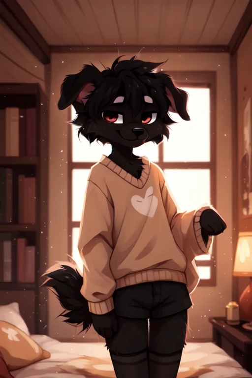  ((by reysi)),  Best quality, super detailed illustration, warm colors, Ideal lighting, (Fluffy boy dog:1.6), (Black fur:1.5) ,feminine face and body, disheveled thick gray hair, short shorts, long black stockings, black long sleeve sweater, in a cosy room, smug smile, tricky glance , Femboy, slim, perfect body,