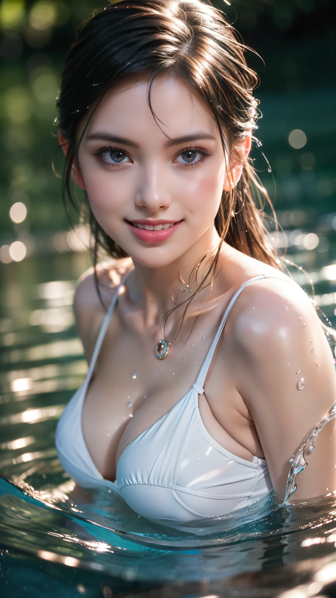 (best quality,ultra-detailed,photo-realistic:1.37), extremely beautiful eyes, Bright and Vibrant colors,studio lighting, playful expression, Extremely detailed eyes, stylish makeup, revealing swim suit ,(Medium Round BREAST), (water falling:1.5), steam effect, water vapor, adult pose,alluring eyes,glossy lips,sexy pose, smiling in a confident and seductive way, professional photoshoot, shallow depth of field, highlighting the main subject, soft natural lighting, creating a dreamy and magical atmosphere.