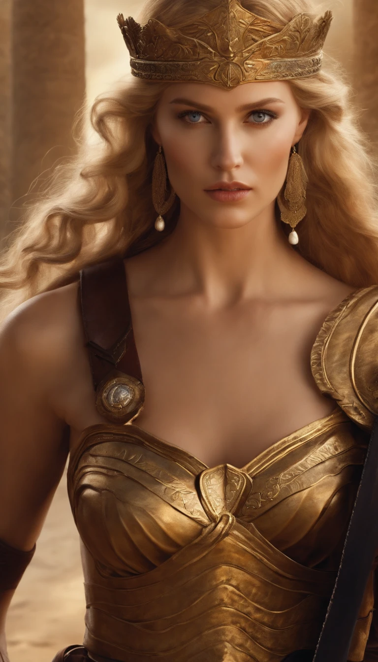 A selfie of Helen of Troy practicing battle strategies with her loyal soldiers, dressed in armor and holding a sword,The Iliad,In Greek mythology, Helen of Troy is depicted as the epitome of female beauty and allure. She is typically represented as a woman of great elegance, often with long, flowing hair – usually blonde or golden as per ancient Greek aesthetics. Her eyes are often described as captivating, and her face, perfect and serene. As the most beautiful woman in the world, her countenance is one of grace and magnetism, often depicted adorned in fine clothing and jewellery, fitting her royal status., female