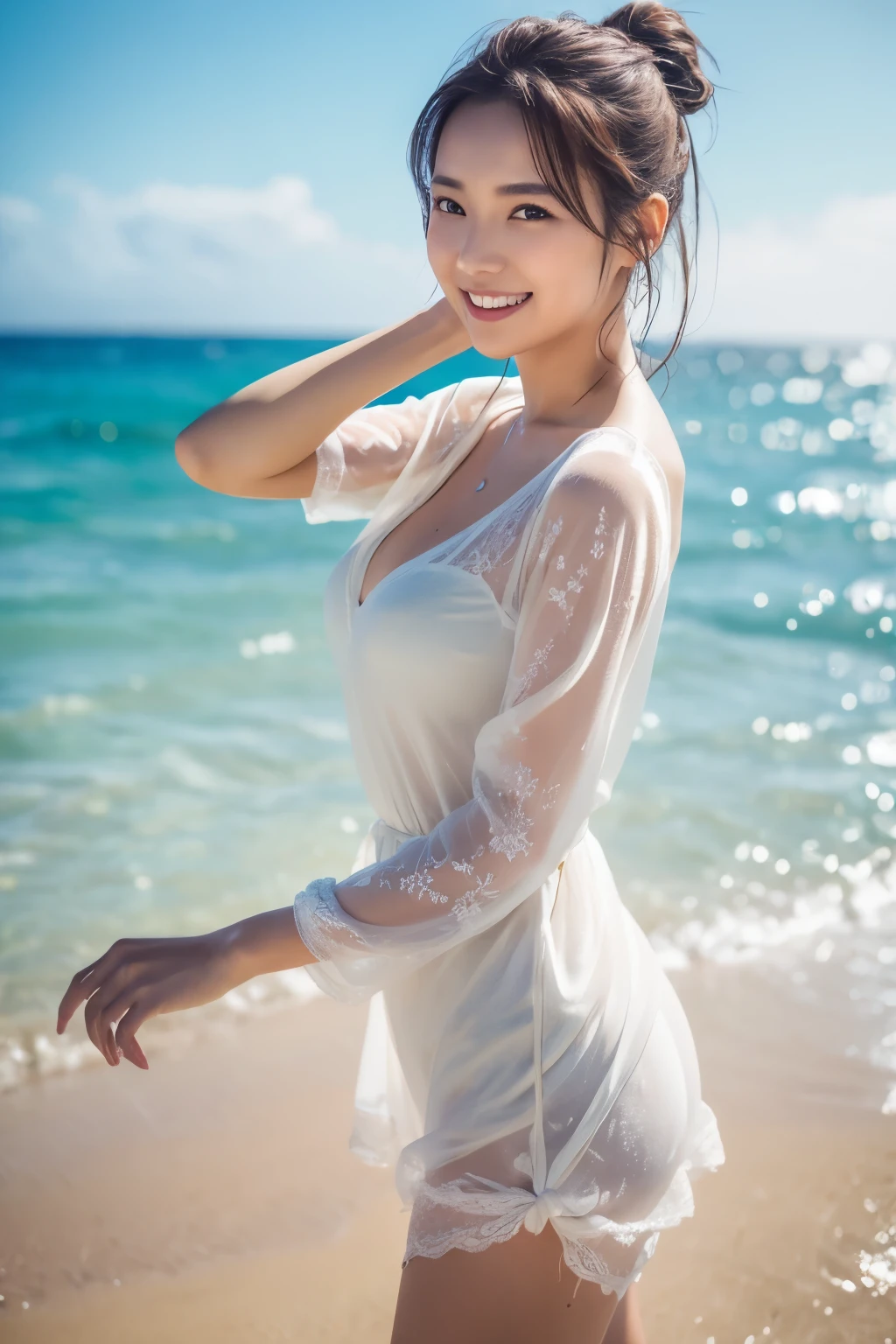 highest quality、8k、32k、masterpiece,)Beautiful woman、Natural look、looking at the camera 、Wet hair、See-through dress、Soft atmosphere、moment、No makeup、Shooting from the side、the sea is shining、Shooting from a distance、Take a walk on the sandy beach、Laughter、underwear、Ponytail、