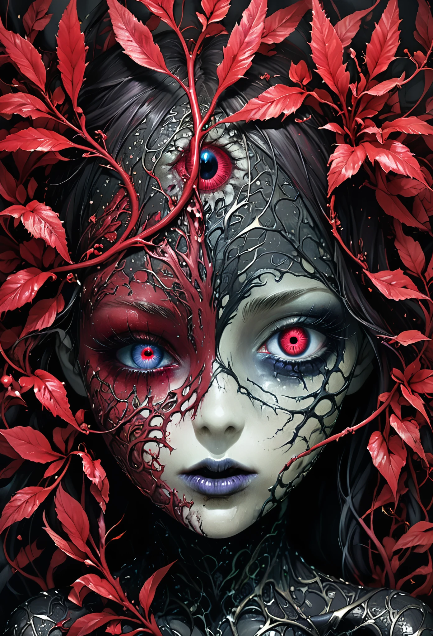 (wide_shot:1.4),(full_shot:1.4),(in style of Aleksi Briclot:1.3),character concept design,in this surreal horror image,(facial parasitism:1.2),(facial destruction:1.1),(a young girl appears to be parasitized by a strange plant and mold virus:1.1),(her facial features have been distorted and abstracted:1.2),it's like experiencing an unknown force of nature,
BREAK
her eyes opened to flaming flowers,flowers grow unchecked,(cover the entire right half of the face from the eyeball:1.2),it's like the anger that remains after being eroded by a virus,hair is like a flourishing plant or flower,a strange pattern is formed,the gold motifs and decorations seem to be parasitized by a virus,distorted and spread over her clothes,like vines entwined,flowers bloom,around her,blurred patterns of flowers and plants seem to come to life,
BREAK
echoes the virus pattern on her body,a weird ecosystem has been formed,the dark background highlights the loneliness and vulnerability of the girl,(atmosphere of horror:1.3),(black:1.3),(dark:1.2),(purple:1.1),(metal confinement:1.1),(dark purple:1.1),(asymmetry:1.4),(supernatural horror powers:1.7),intravenous plants,thick rhizomes entwined,(covering_eyes:1.4),(metalsviruses invade plants:0.9),(eerie red plants:1.4),(dark and dirty faces:1.5),(enlarged mutation of the right eye:1.8),(a metallic pattern:1.6),(does not fit into a human face:1.3),