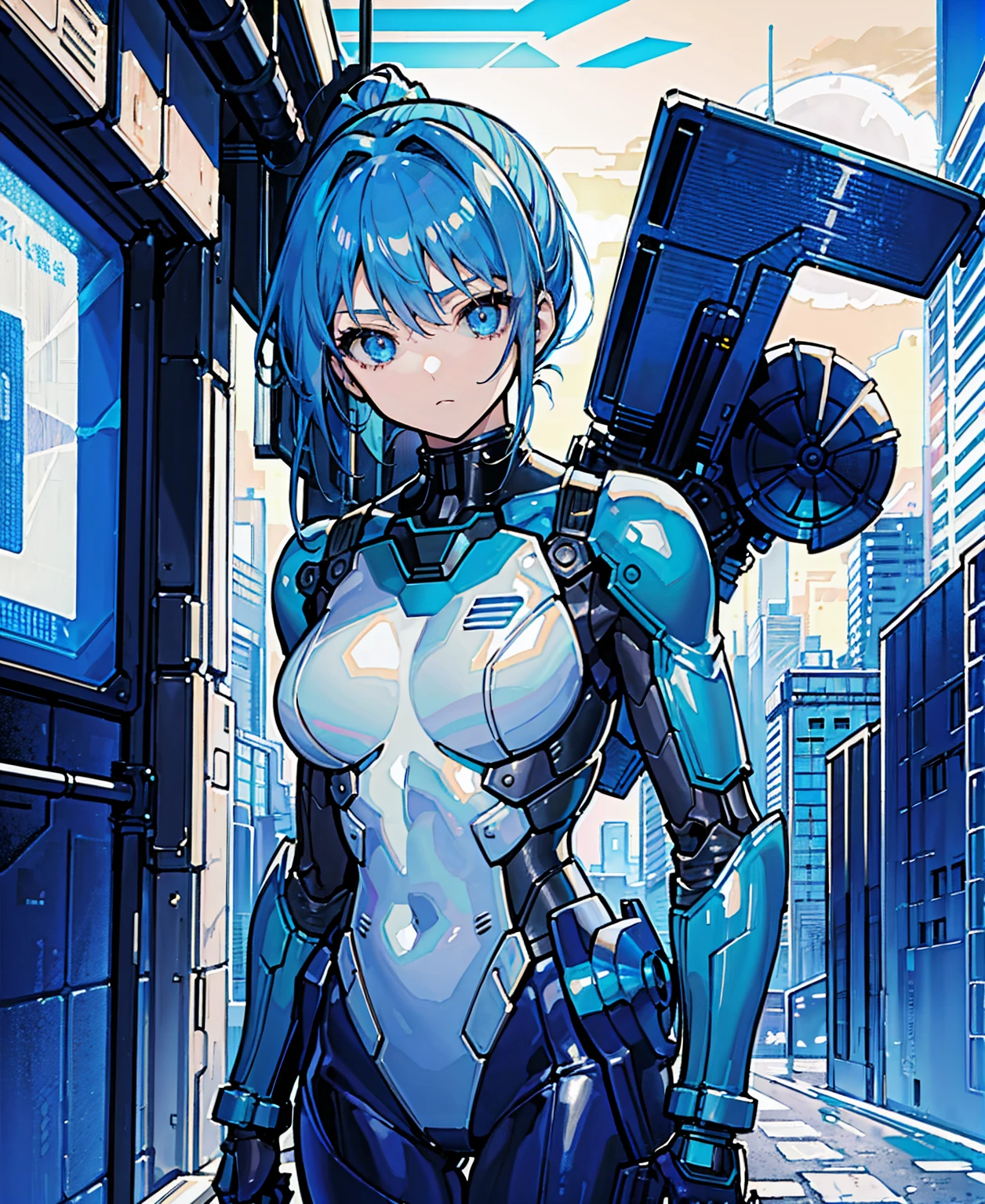 Blue Hair、Masterpiece、Best Quality、1 girl、Medium breast、((Album cover))、Light on Face、Slim Body、Blue Costume、Exoskeleton、metal Gear、Cyberpunk Style、ponytail、The Gundam pilot、attention arousal,Ride a fighter
