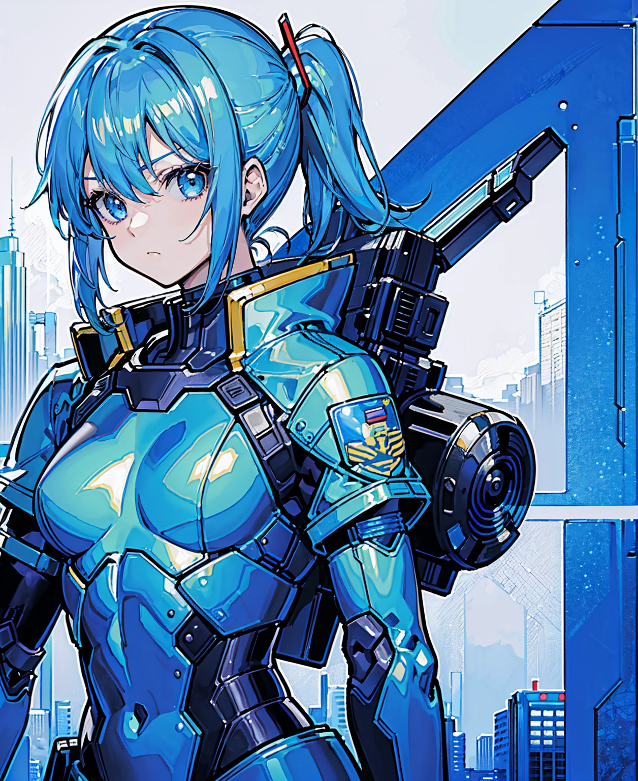 Blue Hair、Masterpiece、Best Quality、1 girl、Medium breast、((Album cover))、Light on Face、Slim Body、Blue Costume、Exoskeleton、metal Gear、Cyberpunk Style、ponytail、The Gundam pilot、attention arousal，Ride a fighter