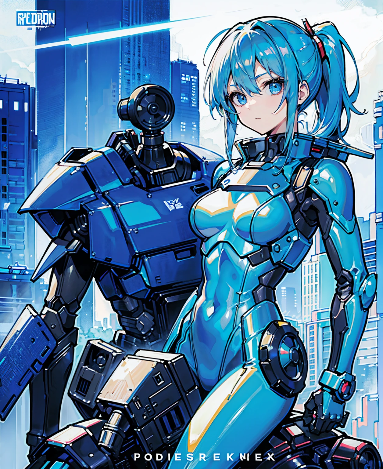 Blue Hair、Masterpiece、Best Quality、1 girl、Medium breast、((Album cover))、Light on Face、Slim Body、Blue Costume、Exoskeleton、metal Gear、Cyberpunk Style、ponytail、The Gundam pilot、attention arousal，Ride a fighter