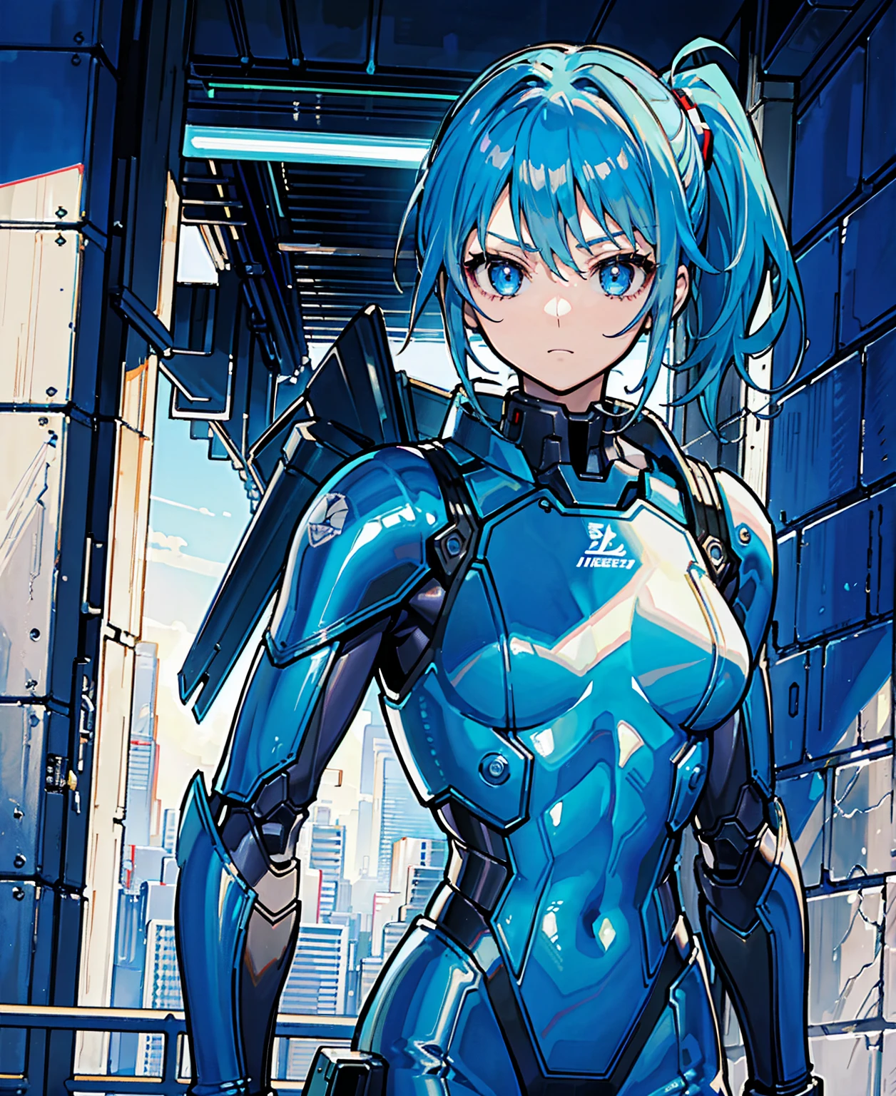 Blue Hair、Masterpiece、Best Quality、1 girl、Medium breast、((Album cover))、Light on Face、Slim Body、Blue Costume、Exoskeleton、metal Gear、Cyberpunk Style、ponytail、The Gundam pilot、attention arousal,Ride a fighter