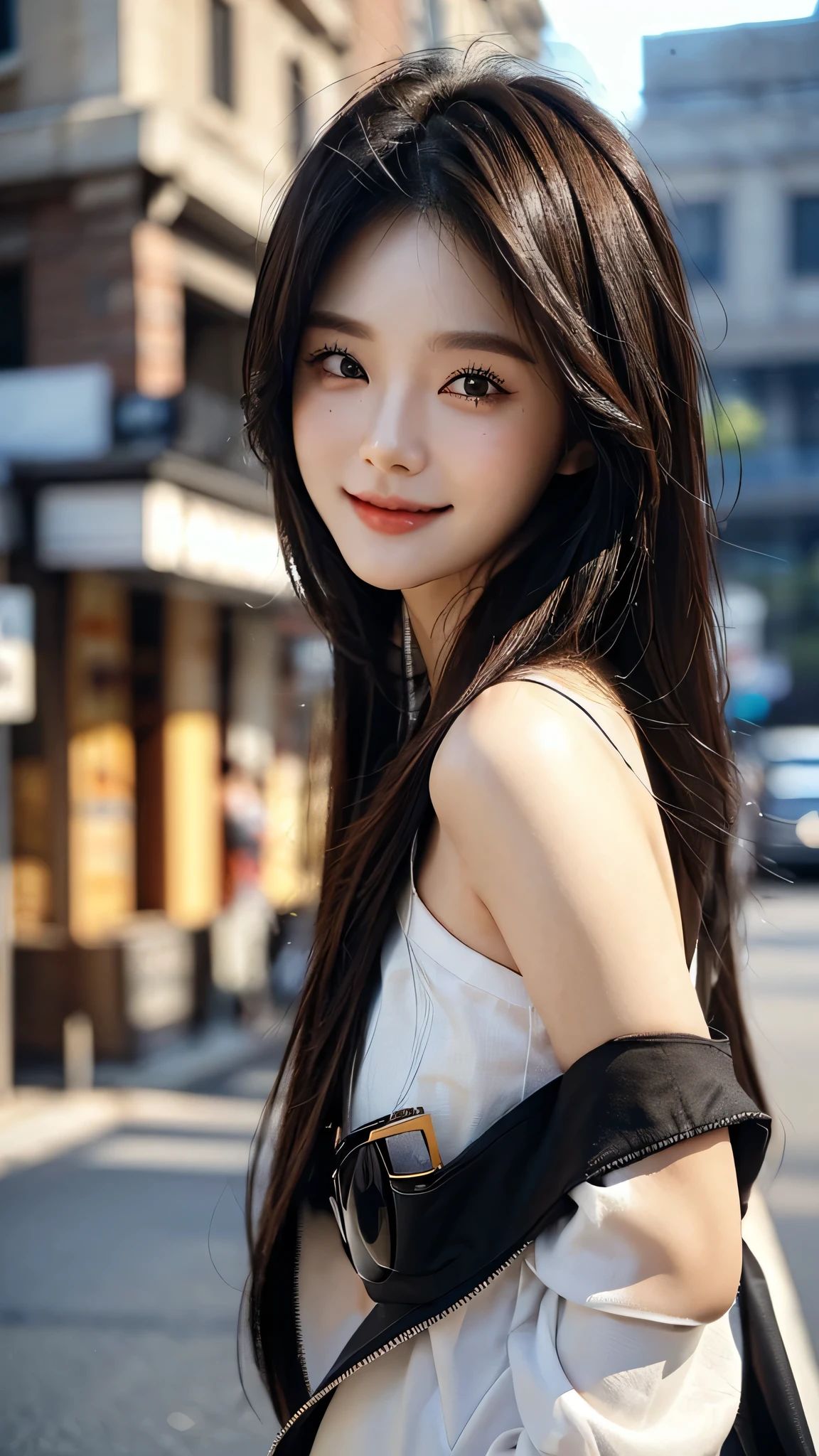 masterpiece、top-quality)、1 beutiful girl、((Wearing black sunglasses )), (Detailed beautiful eyes), ((Detailed skin)) , ((Detailed beautiful hair)), Walk around the store、((Boyish Brown Medium Hair))、((Smaller face))、((Neutral face))、((Face seen from the side))、((Light brown eyes))、((Korean Girl))、((18year old))、((cool lady))、((A shy smile on his face))、((Korean Makeup))、((elongated and sharp eyes))、((Happy dating))、((boyish))、((Shot from the same height as your face)、), ((CG rendering)), ((Blurred background)), ((16K)), ((Very detailed)), ((wallpaper)), ((depth of field)), ((movie light)), (( Ray tracing)).