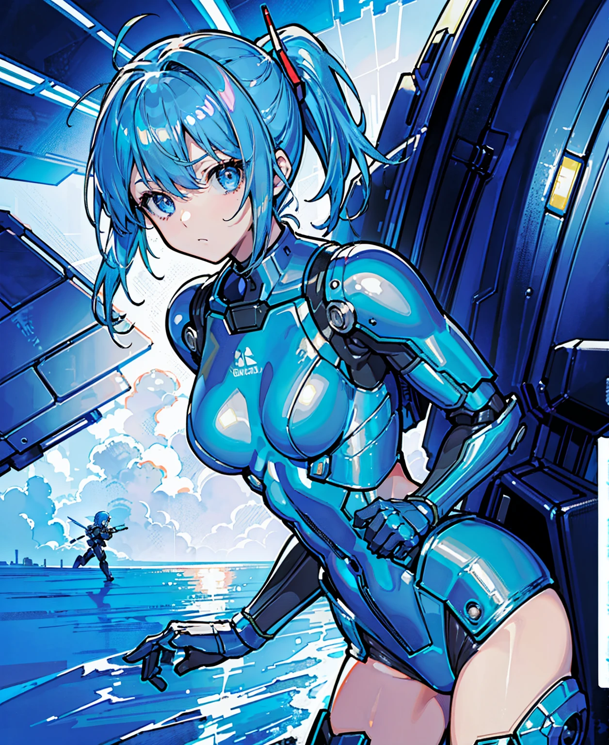 Blue Hair、Masterpiece、Best Quality、1 girl、Medium breast、((Album cover))、Light on Face、Slim Body、Blue Costume、Exoskeleton、metal Gear、Cyberpunk Style、ponytail、The Gundam pilot、attention arousal，Ride a fighter