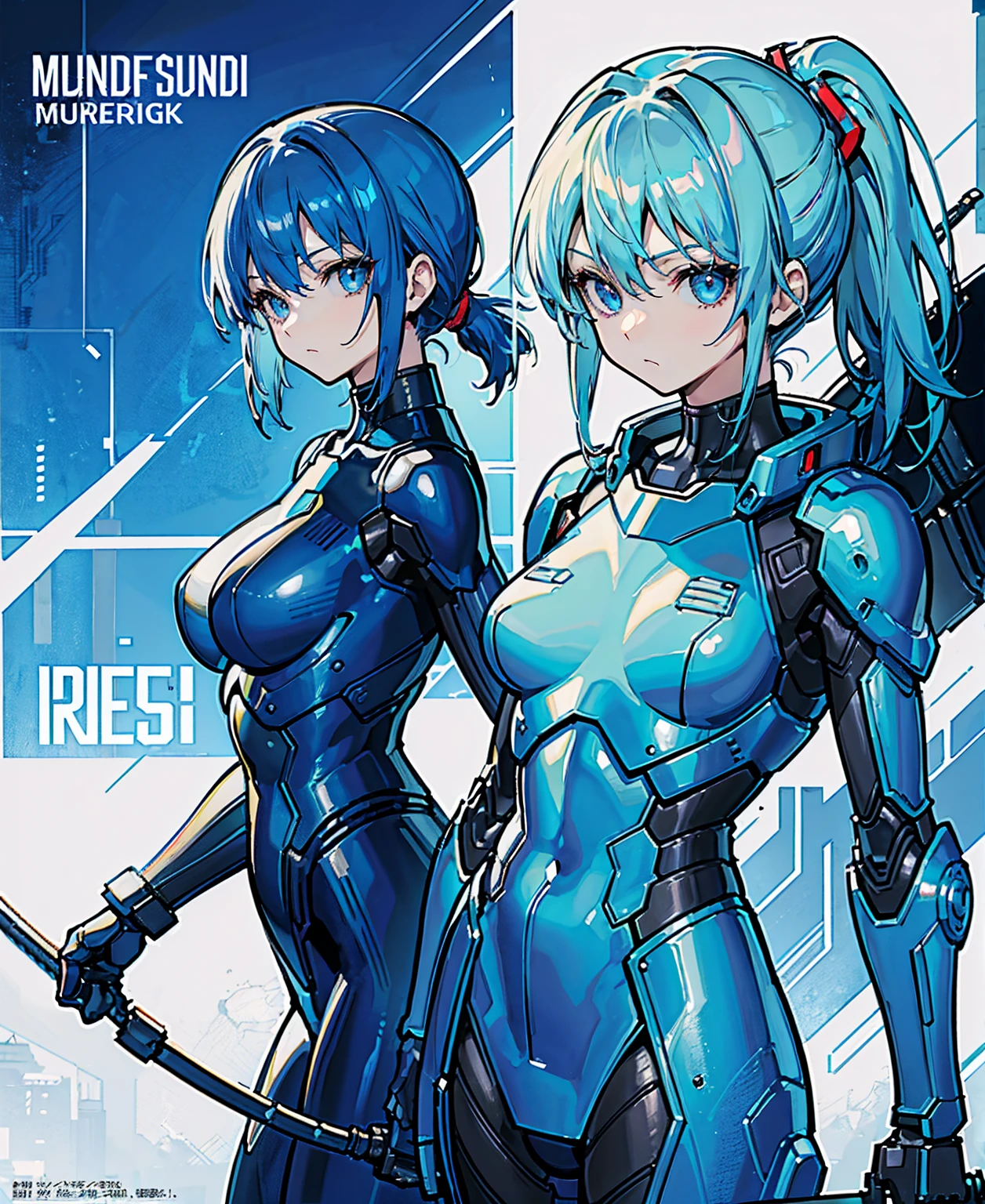Blue Hair、Masterpiece、Best Quality、1 girl、Medium breast、((Album cover))、Light on Face、Slim Body、Blue Costume、Exoskeleton、metal Gear、Cyberpunk Style、ponytail、The Gundam pilot、attention arousal，Ride a fighter