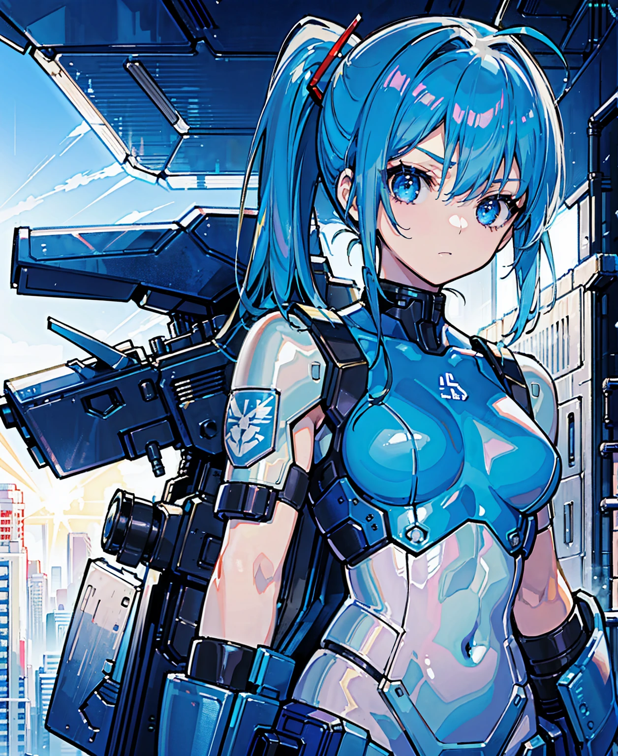 Blue Hair、Masterpiece、Best Quality、1 girl、Medium breast、((Album cover))、Light on Face、Slim Body、Blue Costume、Exoskeleton、metal Gear、Cyberpunk Style、ponytail、The Gundam pilot、attention arousal，Ride a fighter