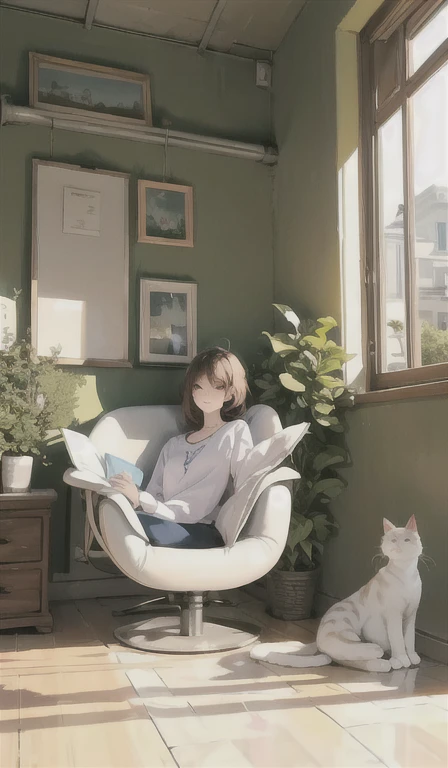 Relaxed character and white cat It depicts a person comfortably relaxing in a quiet room with sunlight shining through it. A peaceful landscape spreads out in the background, creating a perfect atmosphere for studying, working, or relaxing.

