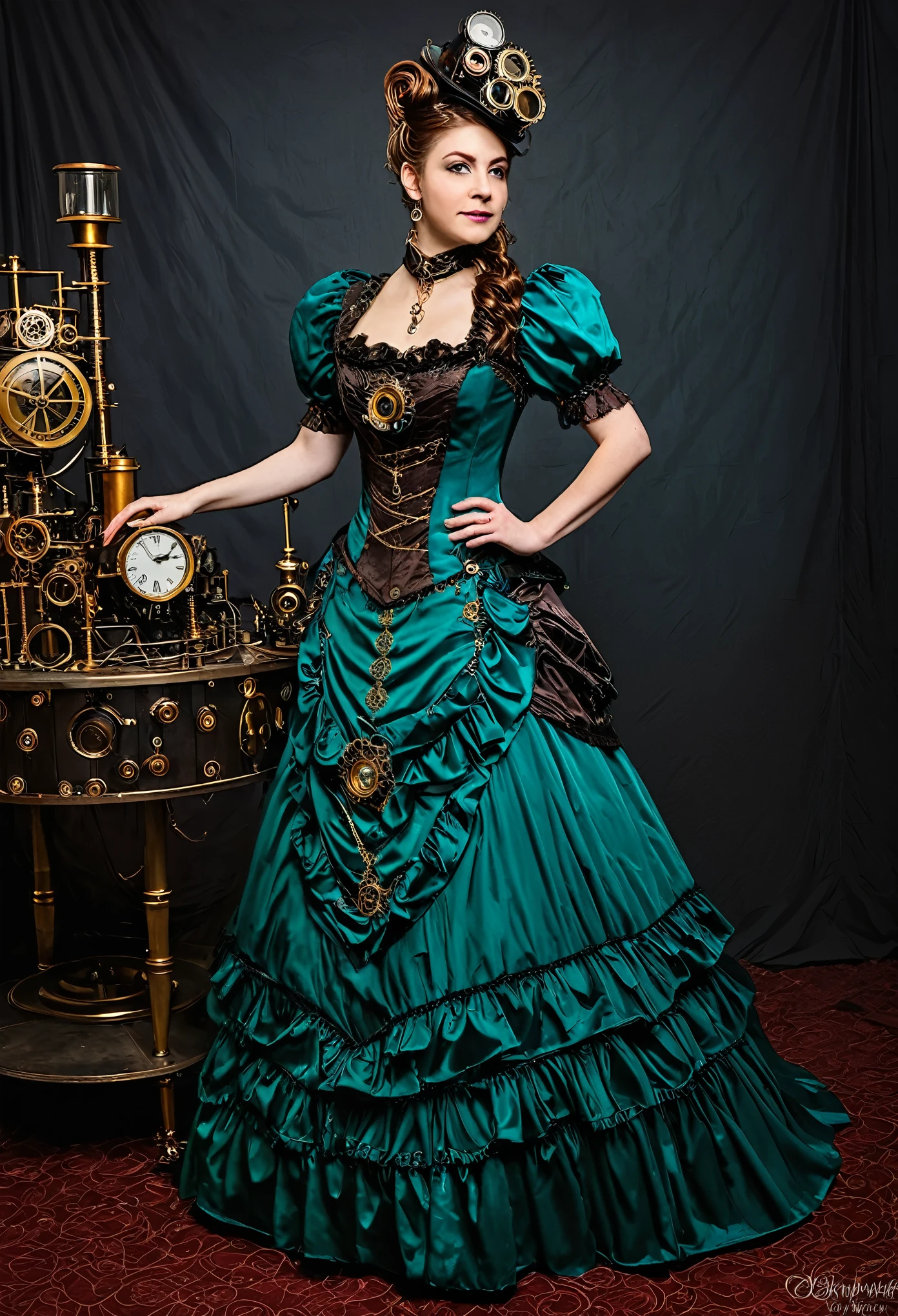 A steampunk aristocrat enchantress attends a ball wearing a gown that embodies the ingenuity of the Victorian era, with intricate clockwork details and a touch of whimsy.