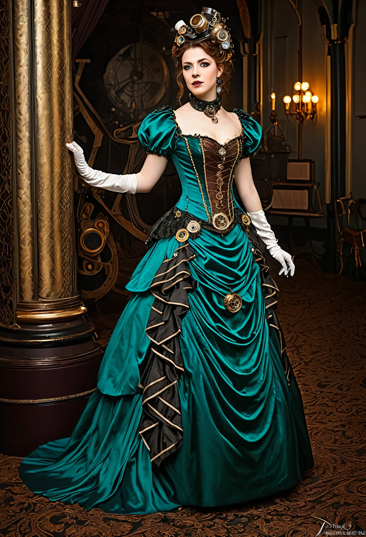 A steampunk aristocrat enchantress attends a ball wearing a gown that embodies the ingenuity of the Victorian era, with intricate clockwork details and a touch of whimsy.