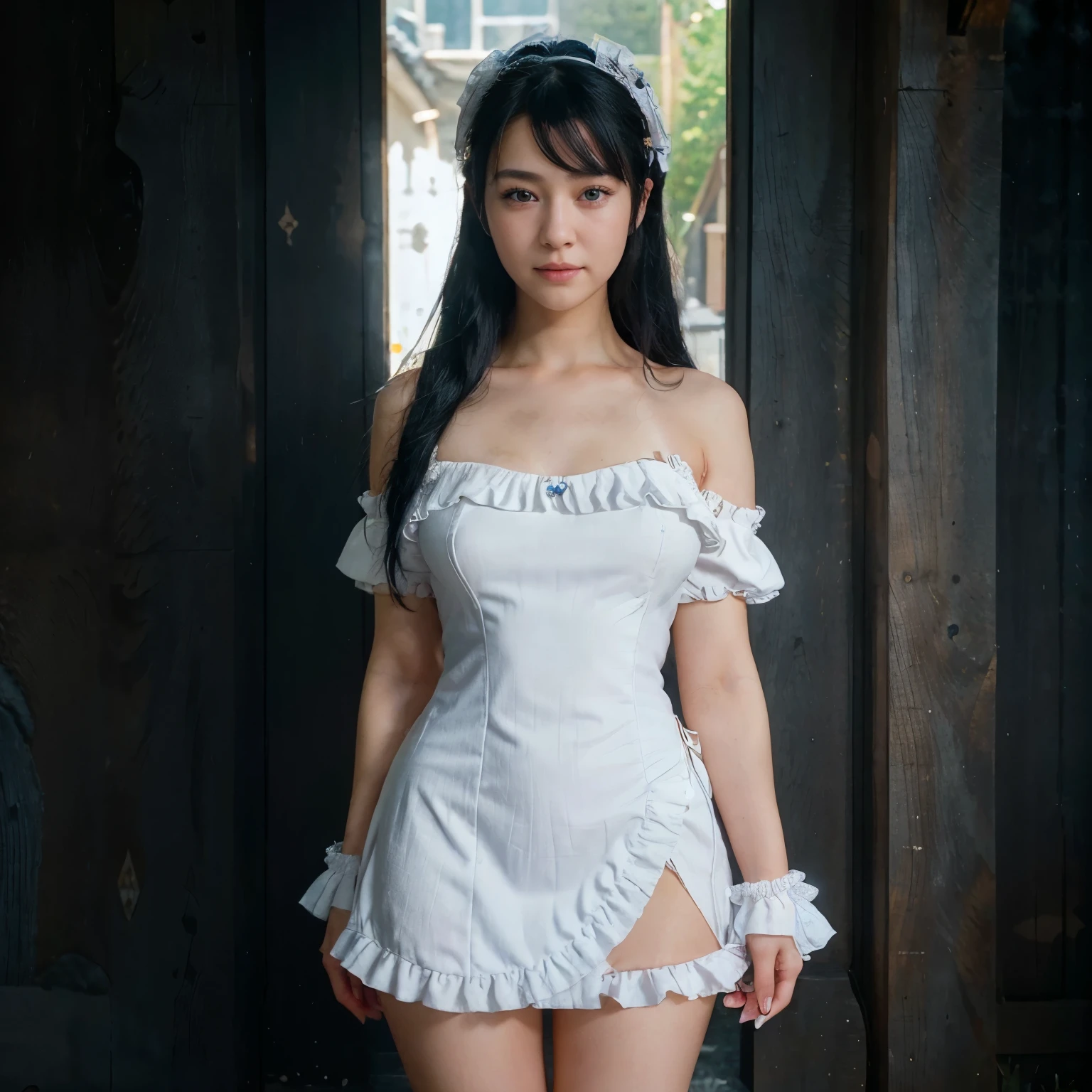 korean,realistic, masterpiece, final detail, photo realistic, intricate detail, octane rendering, 8K, 1Girl, full bodyperfect face, beautiful face, NSWF, trough reference, detail hair,, black bow, black gloves, black legs, blue eyes, blue hair, bow, collarbone, dress, drill hair, ruffles, ruffles, gloves, gwen, headdress, highres, long hair, parted lips, puffy sleeves, purple eyes, smile, solo, white dress, oil skin,