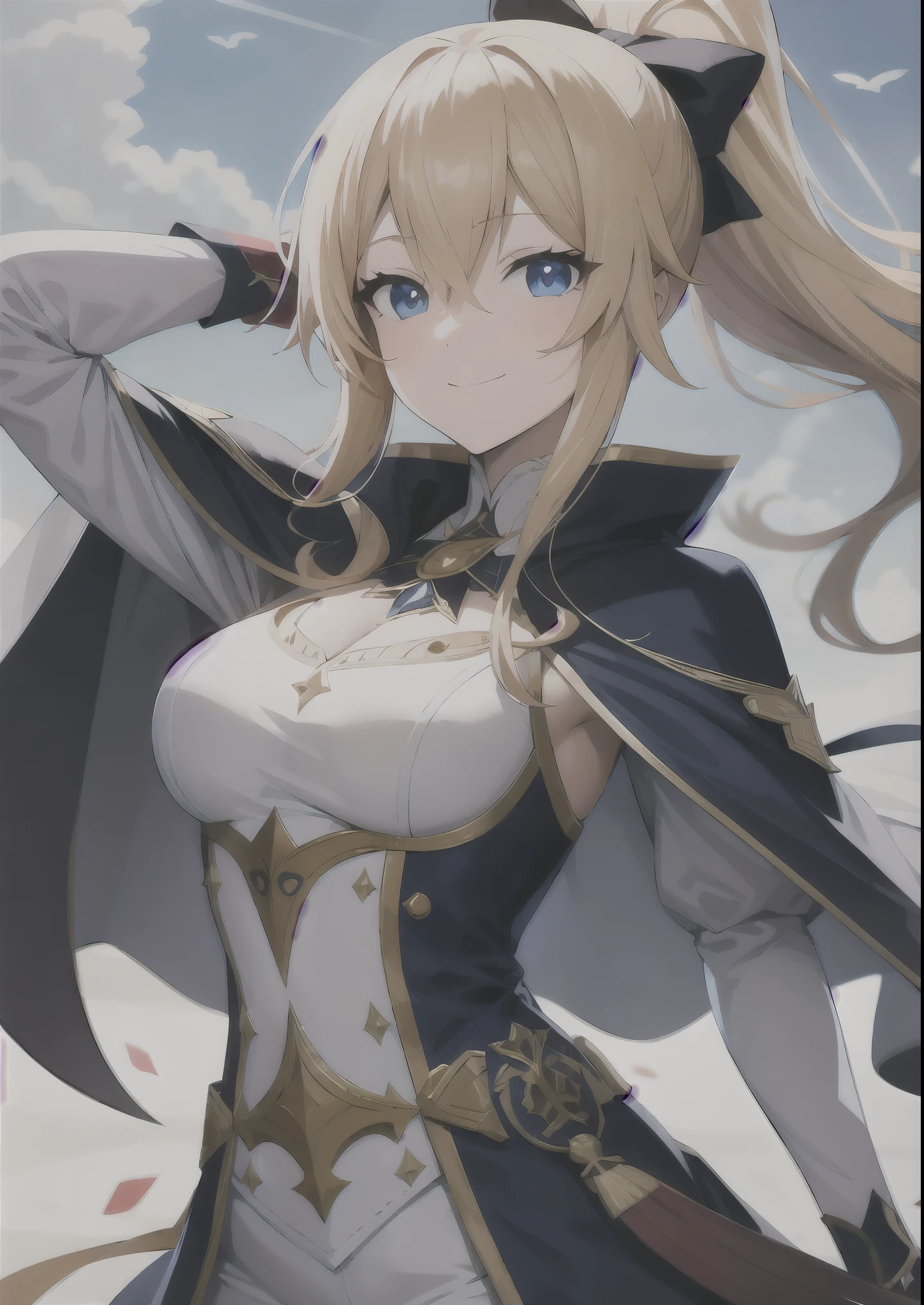 absurdres, highres, (official art, beautiful and aesthetic:1.2), ultra detail, beautiful person, bangs, blue eyes, blonde hair, long hair, smile, hair between eyes, ponytail,
gloves, bow, hair between eyes, ponytail, hair bow, sidelocks, belt, pants, capelet, detached collar, white pants, tight, blue capelet,
wind effect, jean \(genshin impact\),
arm up, hand in own hair, confused,