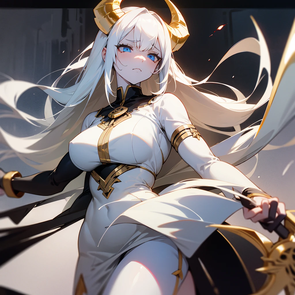 Girl, god with demon ram-horns, white hair, white skin, scythe, , black white and gold dress, mid-frame, curvy muscular boddress. Her expression is innocent and almost sad. Blue eyes