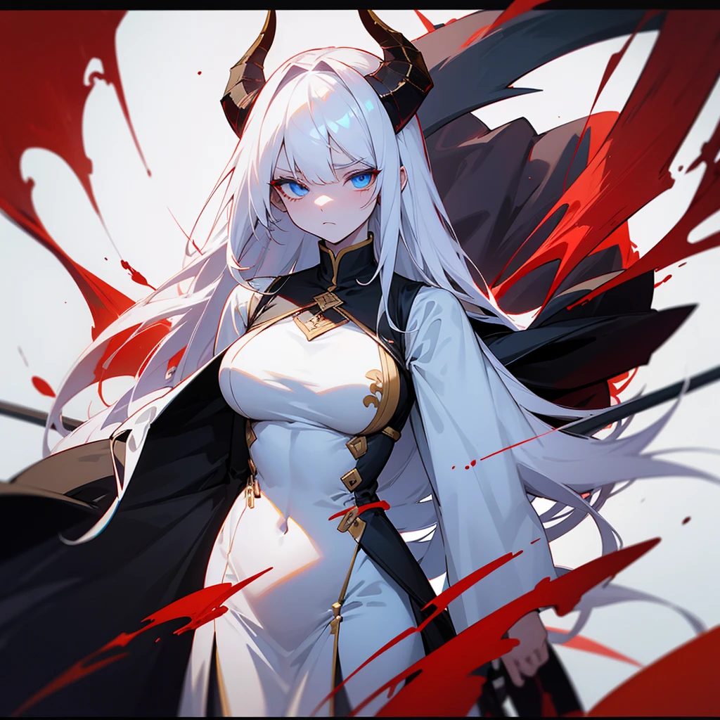 Girl, god with demon ram-horns, white hair, white skin, scythe, blood, black white and gold dress, mid-frame, curvy muscular boddress. Her expression is innocent and almost sad. Blue eyes