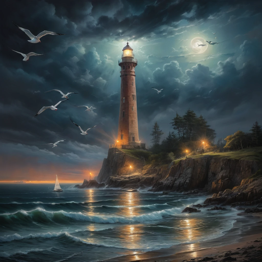 phare,high quality,masterpiece:1.2,8k,representative work,official art,professional,ultra complex details,portrait,night scene,Jason Edmiston,artist's signature,meticulous brushwork,realistic lighting,moody atmosphere,vivid colors,impressive scale,sharp focus,dramatic contrast,maritime theme,colorful sky,stormy weather,long exposure photography,historical monument,coastline,lighthouse beams,powerful symbolism,sailboats,seagulls,reflection on water,mystical vibe,awe-inspiring view,moonlit glow,serene ambiance