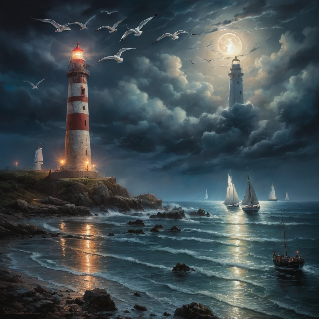 phare,high quality,masterpiece:1.2,8k,representative work,official art,professional,ultra complex details,portrait,night scene,Jason Edmiston,artist's signature,meticulous brushwork,realistic lighting,moody atmosphere,vivid colors,impressive scale,sharp focus,dramatic contrast,maritime theme,colorful sky,stormy weather,long exposure photography,historical monument,coastline,lighthouse beams,powerful symbolism,sailboats,seagulls,reflection on water,mystical vibe,awe-inspiring view,moonlit glow,serene ambiance