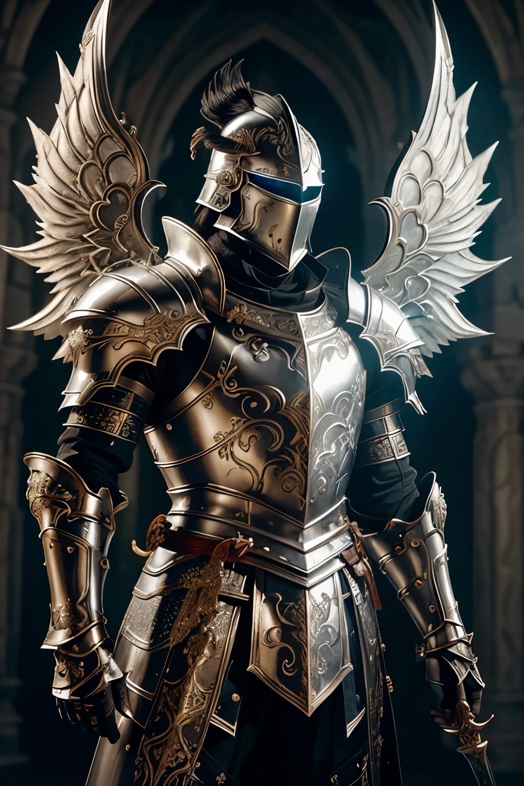In a realm where beauty and strength unite, feast your eyes on the awe-inspiring form of a masculine man. Clad in silver armor embellished with intricate patterns that glint brilliantly against the purest white, his imposing figure reveals the power hidden within. His wings, an ethereal sight to behold, are a radiant array of colors that stretch majestically behind him. A long, gleaming sword clutched firmly in his hand, his visage radiates a fierce determination, a testament to his unwavering resolve. Guardian of all realms, he stands steadfast, a beacon of hope and courage amidst the encroaching darkness.