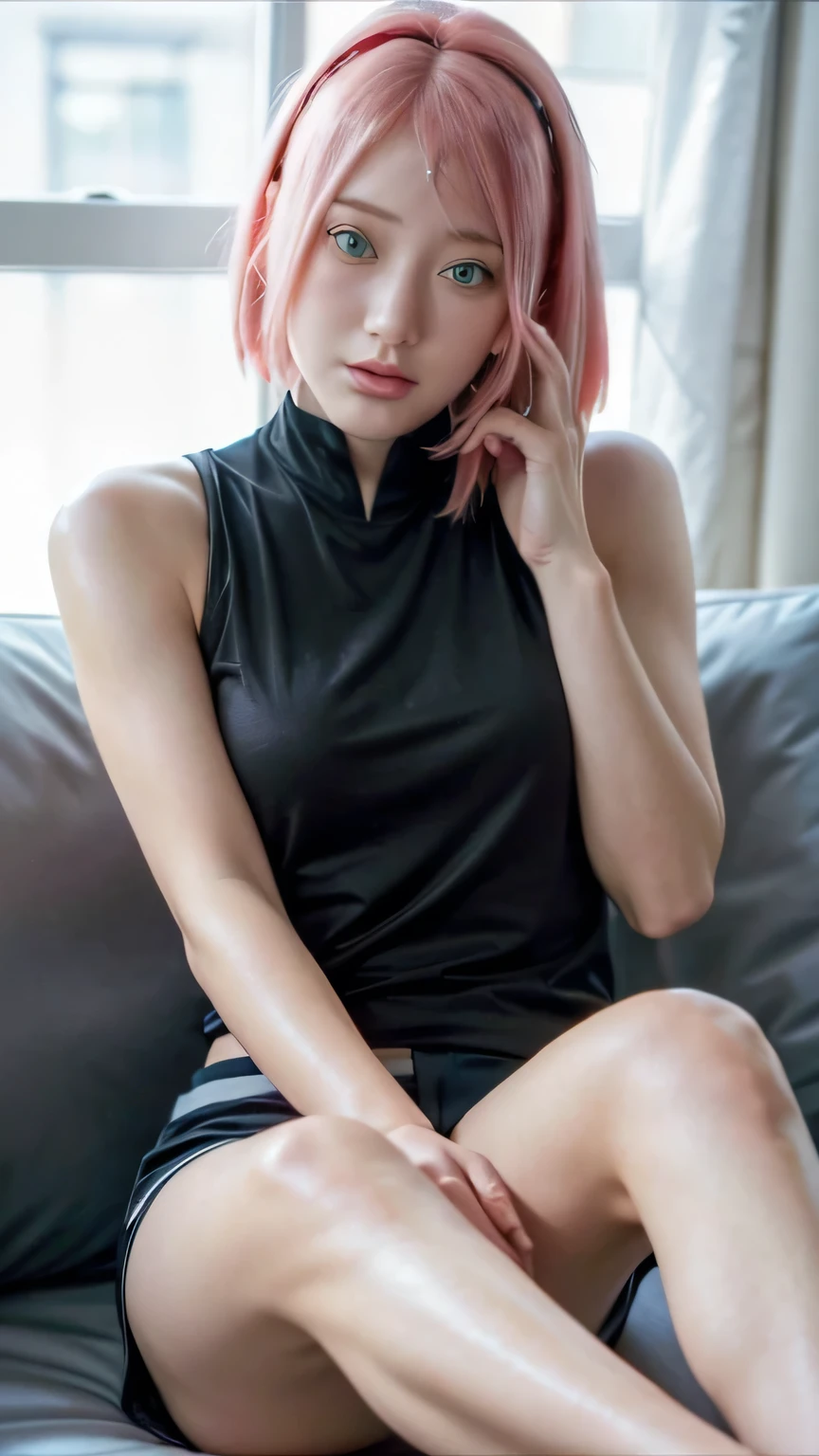 masterpiece, ,(solo:1.1), perfect face, (bright lighting:1.2),beautiful detailed eyes, extremely detailed face, perfect lighting,masterpiece, best quality, 1girl,haruno sakura, eyes blinking sideways, sexy pose, black short pants, black tanktop