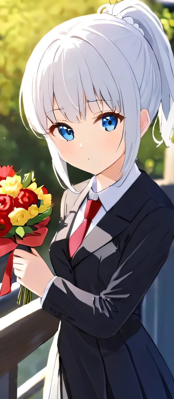 1girl, mature_girl, wedding_dress, solo, inoue_takina, pony_tail, one-tone_dress, pleated_suit, blue_eyes, white_shirt, black_suit, outdoors, bangs, white_hair, looking_at_viewer, closed_mouth, long_sleeves, red_necktie, wedding_ceremony, hand_holding_flowers, day, ornament_wedding, blurry_background, blurry, flowers, railing