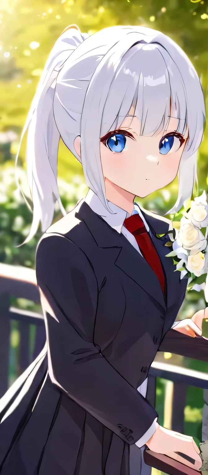 1girl, mature_girl, wedding_dress, solo, inoue_takina, pony_tail, one-tone_dress, pleated_suit, blue_eyes, white_shirt, black_suit, outdoors, bangs, white_hair, looking_at_viewer, closed_mouth, long_sleeves, red_necktie, wedding_ceremony, hand_holding_flowers, day, ornament_wedding, blurry_background, blurry, flowers, railing