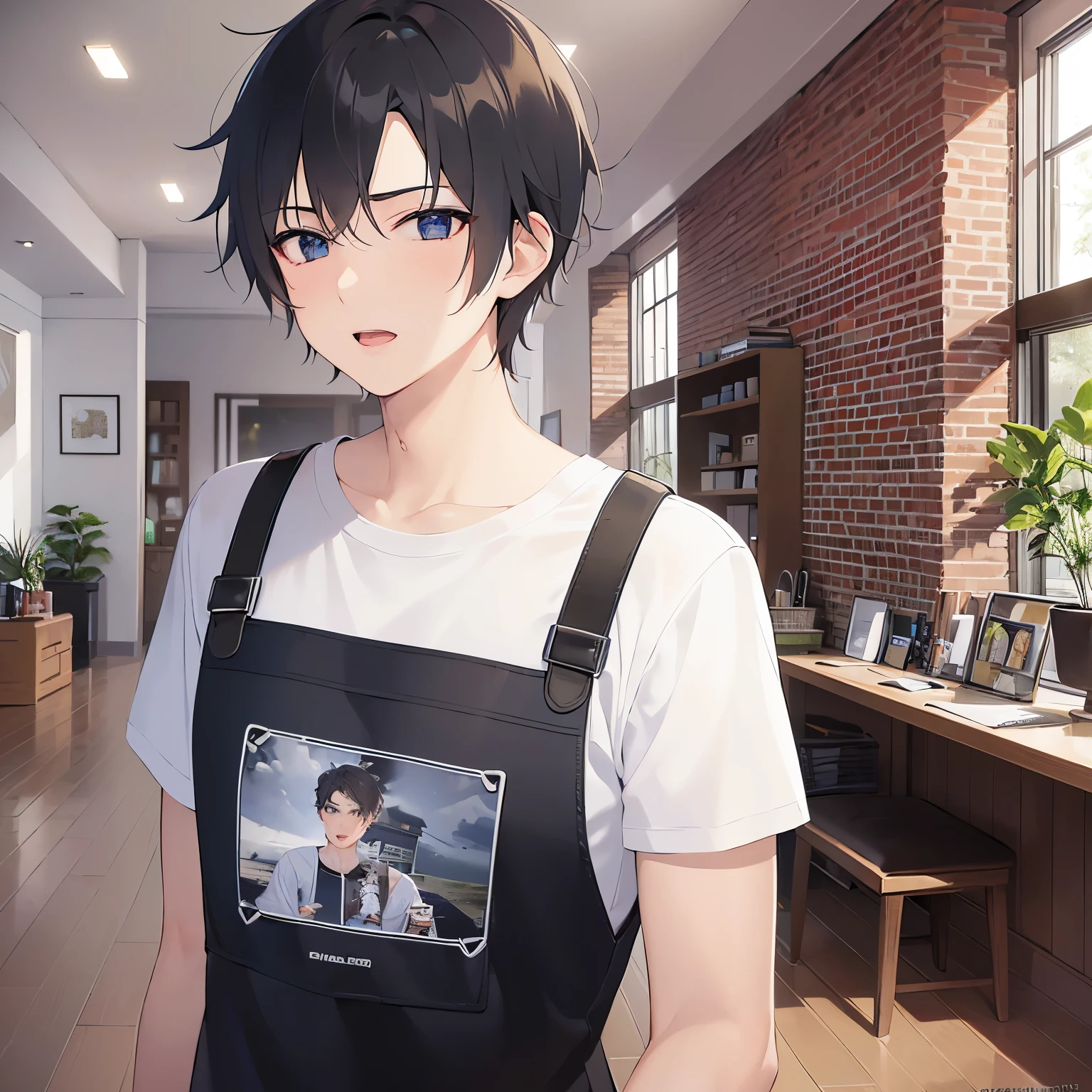 arm behind head, extremely detailed CG, 8k, super fine illustration, close-up of your face, masterpiece, top quality, masterpiece, top quality, (25 year old man: 1.5) and (short black hair) and (blue eyes), (White T-shirt:1.5) and (Black Apron)、standing, embarrassed, open mouth, The background is the living room, (alone: 1.5),