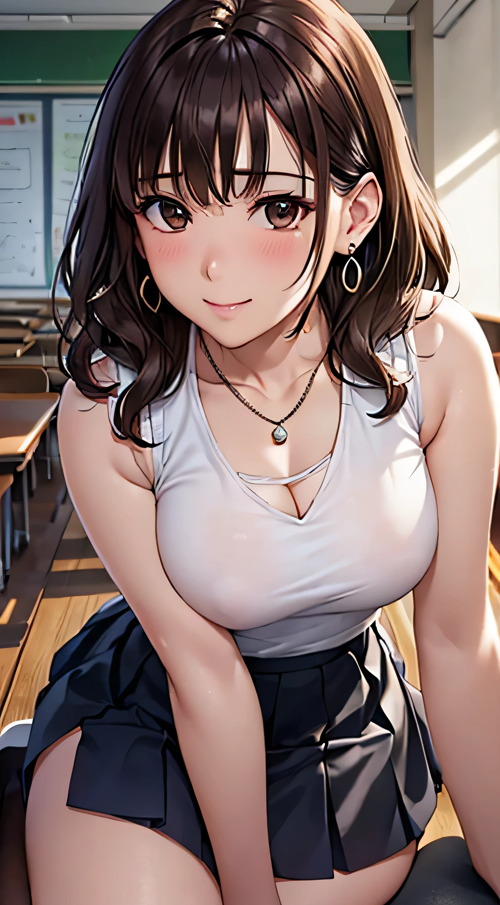 (Tabletop, highest quality, High resolution, , Perfect Pixel, 4K,), 1 girl, single, alone, Beautiful woman、I could see the whole body、 ((Wavy mid-length hair, bangs, Brown Hair)), ((Brown eyes, Beautiful eyelashes, Realistic eyes)), ((Detailed face, blush:1.2)), ((Smooth texture:0.75, Realistic texture:0.65, Realistic:1.1, Anime CG Style)), Medium Chest, Dynamic Angle, Perfect body, female teacher、((, White sleeveless top、Long pleated skirt、Black Stockings、Cute Necklace、Earrings、)), look up、A shy smile、Accentuate your breasts、Put your hands behind your back and stick out your chest、Puffy nipples)、Angle from below、classroom、Sitting on the floor、、