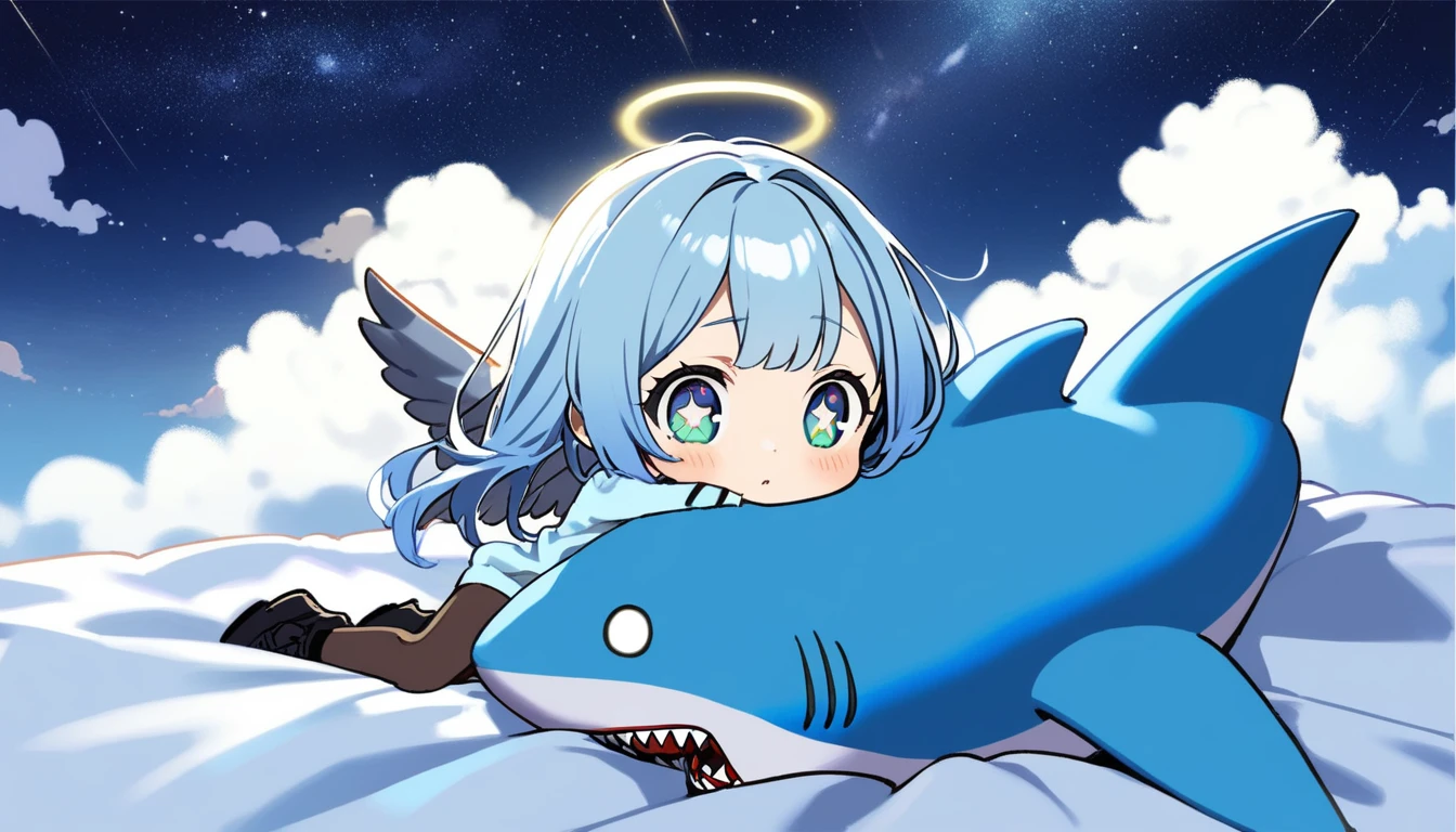 One Girl, by yoneyama mai, smell, Habitat doubts, wave hands, Heterochromatic pupil, Beautiful eyes（blue, (Sitting in the clouds), Great quality, Pushdown, Angel Wings, alone, Light blue hair, Winged Bangs, Soft hair, Shortcuts, Provocative, subculture, Light blue jersey（Jacket only, White), Light blue jerseyハーフパンツ（5 minutes long, Big size）,Pale blue atmosphere, starry skies, Night Sky, Cute room（White, Whiteのカーテン, Light blue bed, Light blue cushion）, Beautiful colors, (Great quality:1.5), masterpiece, 1 p, Blue Bird、Hugging a stuffed toy（Deformed shark）