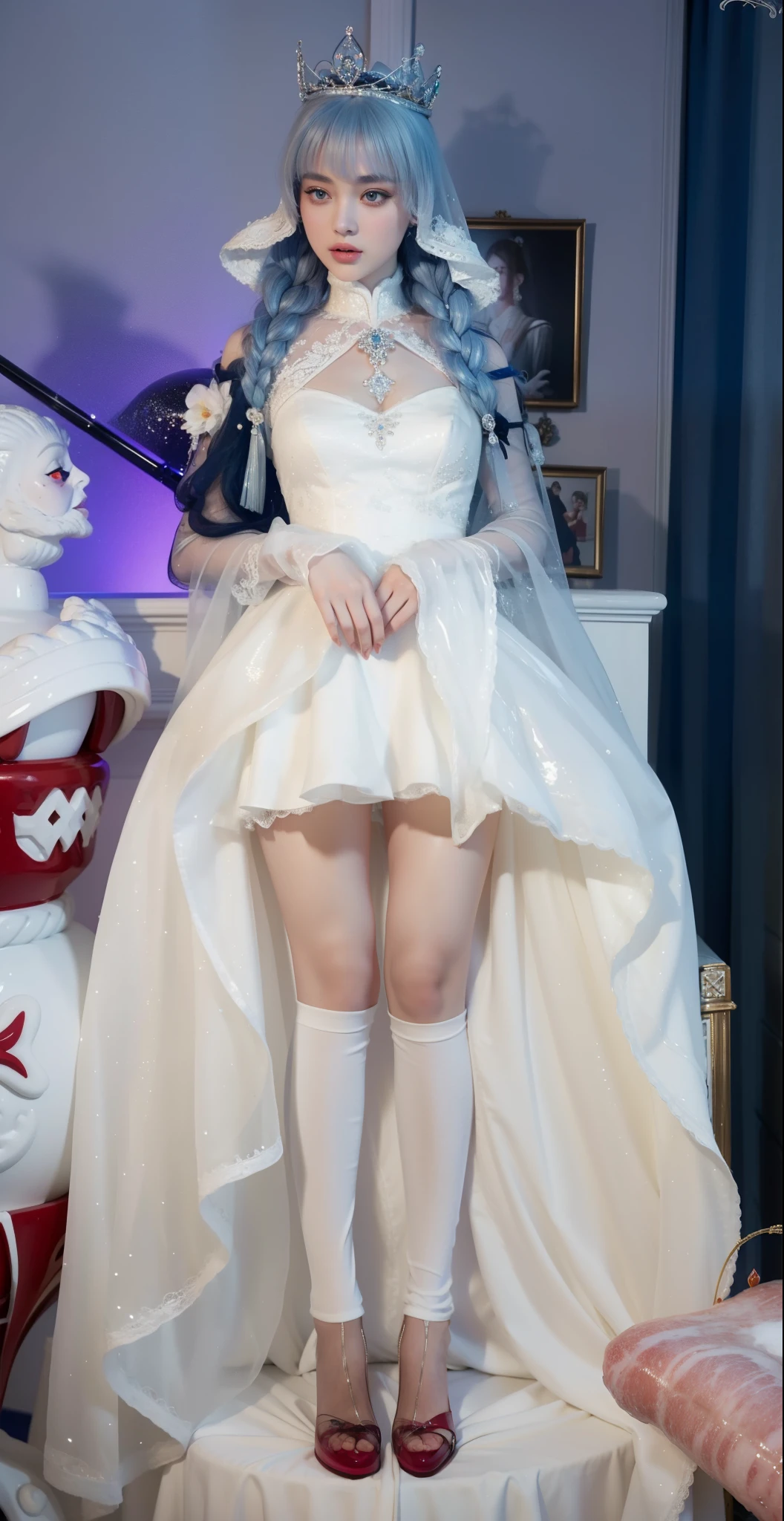 Imperial sister，Exquisite eyes，Frozen queen，Put the crown on your head，Detailed facial expressions body，Tall and big，number，Leg length，4K，HD，meat，White translucent lace，Fair and plump figure，Pretty Face，Little cherry mouth，Beautiful and delicious（3D Royal Sisters），Glossy Gel Coat，Queen&#39;s Dress，Crystal Gem Crown Necklace，Ultra-clear portrait photos(8k)，Dark eyeshadow，Sexy thick lips(Red lipstick)，Large Breasts，breasts   symmetrical，Wear a long skirt，Put your hands behind your back，Pearl and Diamond Necklace，Lace print knee socks，Red high heeled boots